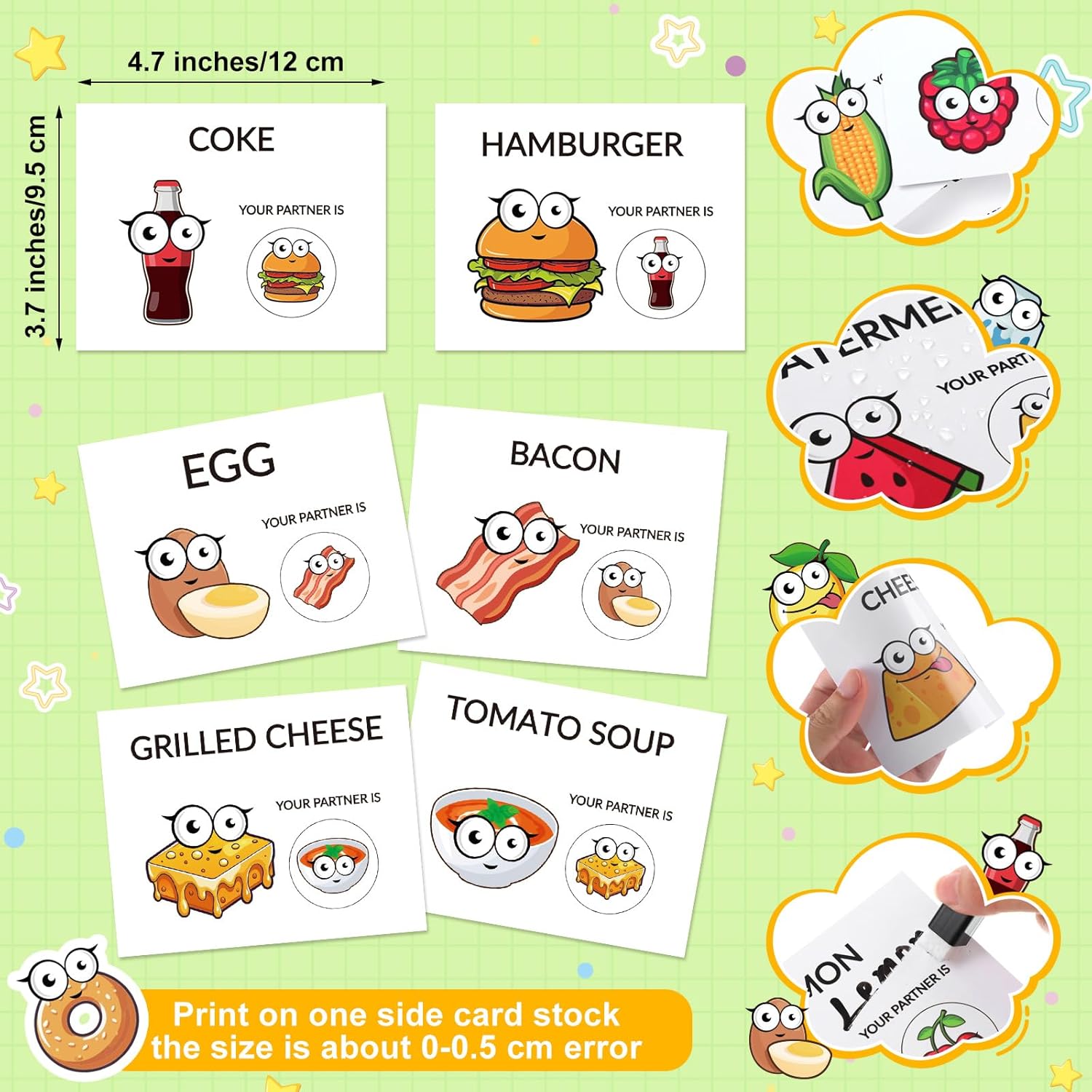Marspark 60 Pcs Partner Pairing Cards 30 Pairs Food Matching Cartoon Matching Peanut Butter Jelly Partner Cards for Team Building Office Breaker Indoor Outdoor Activities Holiday Party Supplies
