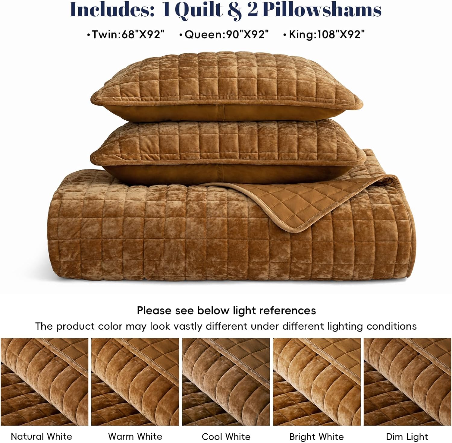 PHF Luxurious Velvet Quilt Set Queen Size – 3PCS Super Soft Quilted Comforter Alternative with Square-Box Quilt Pattern, Warm Quilted Bedspread Coverlet, 90" x 92", Rusty Burnt Orange - Image 6