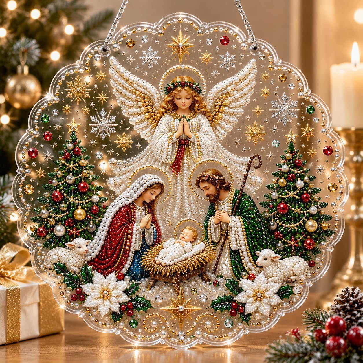 Christmas Pearl Diamond Painting Suncatcher Kit, DIY Acrylic Hanging Decor
