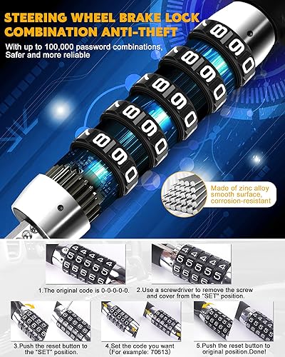 Miniatura 4 de Tevlaphee Cerradura del volante antirrobo, dispositivo retráctil de pedal de freno, contraseña sin llave, combinación de 5 códigos, dispositivo de
