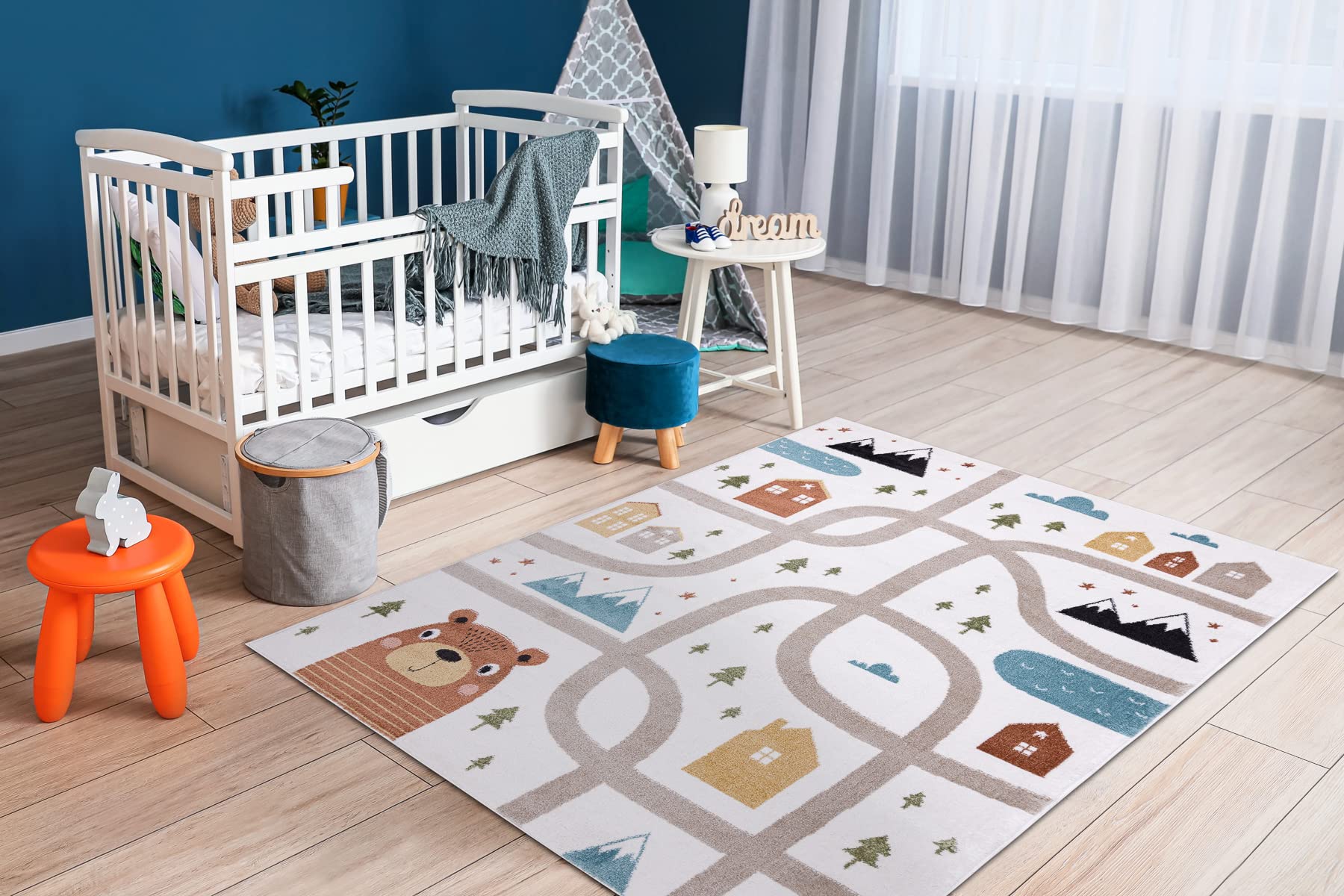 rugsx Tappeto bambini FUN Polar moderno, per la stanza del bambino, tappeti da gioco, camera dei bambini, design originale, Strade, Foresta, crema 200x290 cm