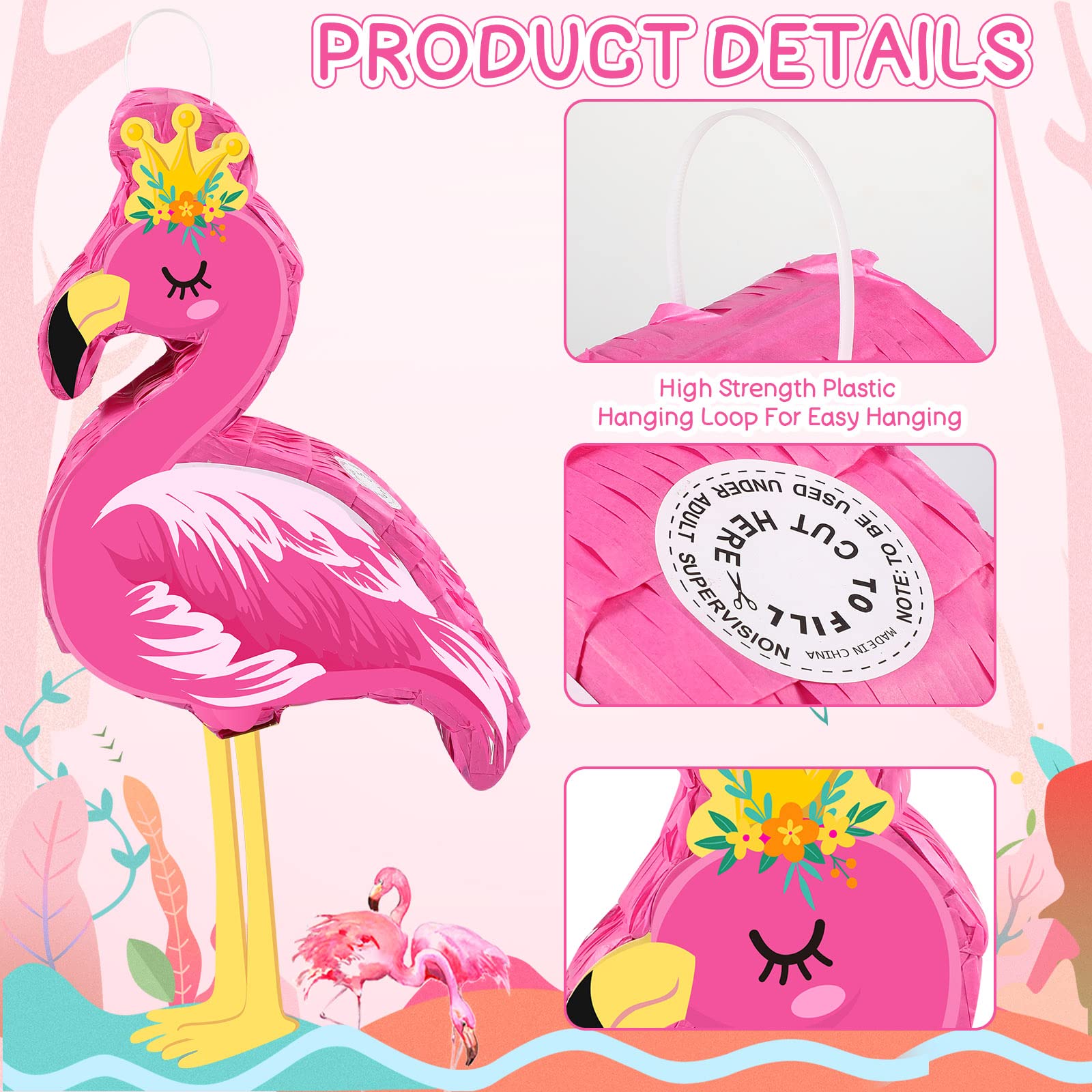 Pinata de Flamant Rose Pinata de Fête Tropicale Petite Pinata de Fête Hawaïenne avec Bâton Bandeau et Confettis pour Enfants Pinata de Fête Luau pour Fête Anniversaire Été, 41 x 30 x 8 cm