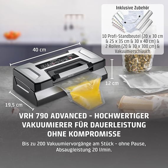 CASO VRH 790 Advanced Pro Vacuum Sealer Vacuum Sealer Test Rating Very Good 200 Vacuum Processes Non-Stop with Patented Casotek Liquid Function Double Weld Includes Vacuum Bag