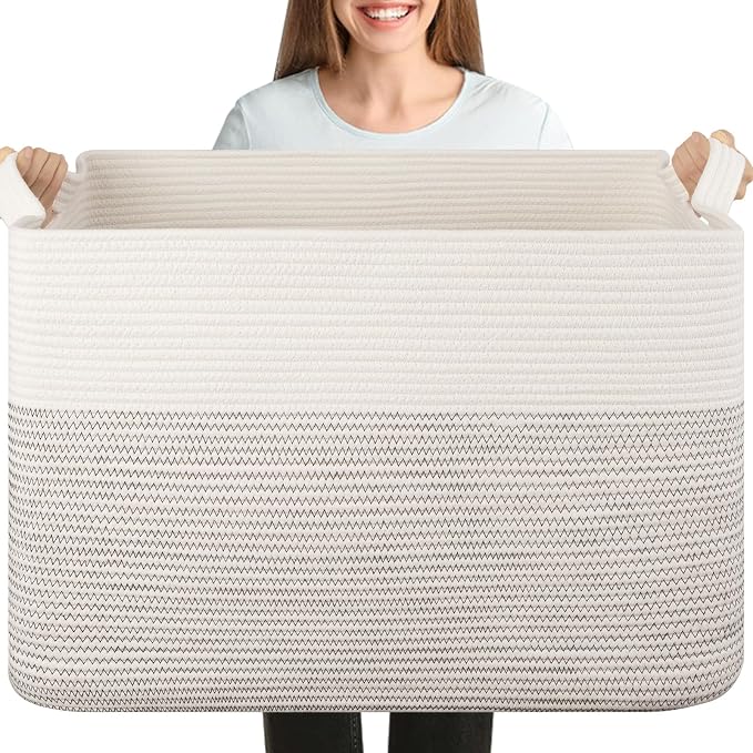 XXXL Large Blanket Basket, 108L Storage Basket, Cotton Rope Baskets for Living Room, Supre Large Toy Basket for Kids, Woven Basket for Clothes, Towels, Pillows, 25" x 16" x 16", Black and White