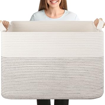 OIASKET 108L Cotton Rope Storage Basket for Living Room and Bedroom 25"x16"x16" Woven Laundry Basket, Heavy Duty Bin for Blankets, Pillows & Toys, Pet-Safe & Scratch-Free, Black and White