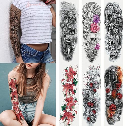 Miniatura 6 de Kotbs 6 hojas de tatuajes temporales, flores de brazo completo, pez dorado, serpiente, tatuajes falsos para adultos y hombres, fundas de tatuaje