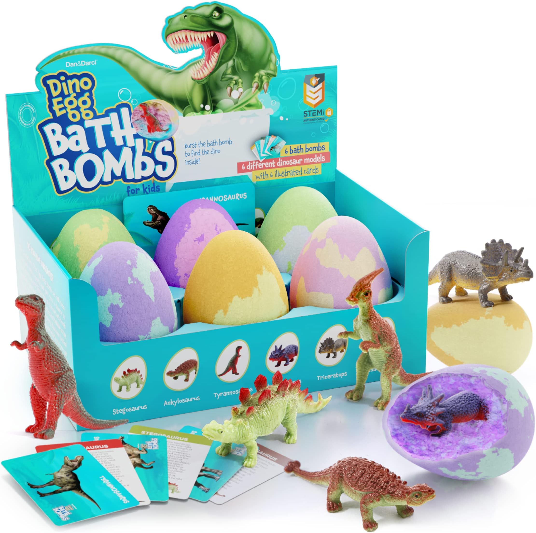 Dan&Darci Dino Egg Bath Bombs for Kids - Easter Basket Stuffers - Kid Baths Bomb with Surprise Inside - Dinosaur Toys Gift for Boys and Girls Ages 6 7 8 Years Old Gifts - Fun Educational Toy Fizzy