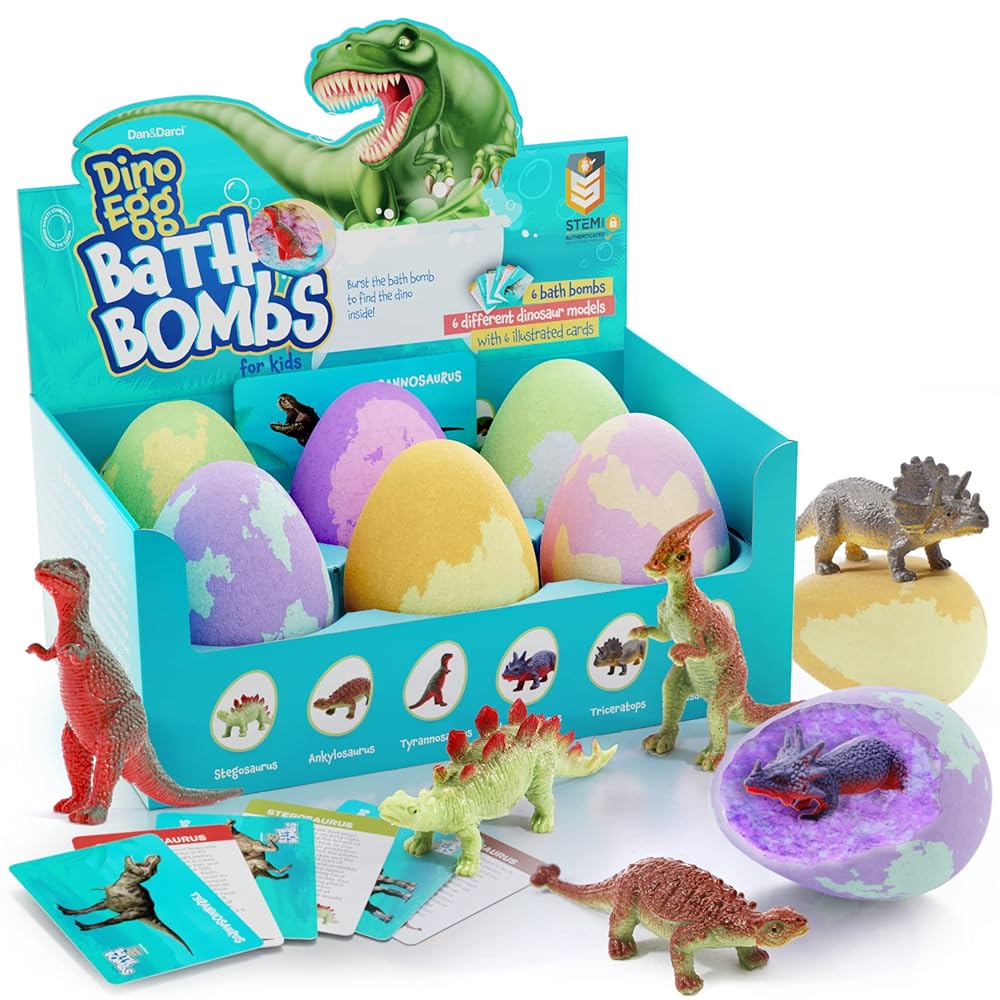 Dan&Darci Dino Egg Bath Bombs for Kids - Kid Baths Bomb with Surprise Inside - Dinosaur Toys Gift for Boys and Girls Ages 6 7 8 Years Old Gifts - Fun Educational Toy Fizzy - Basket Stuffers