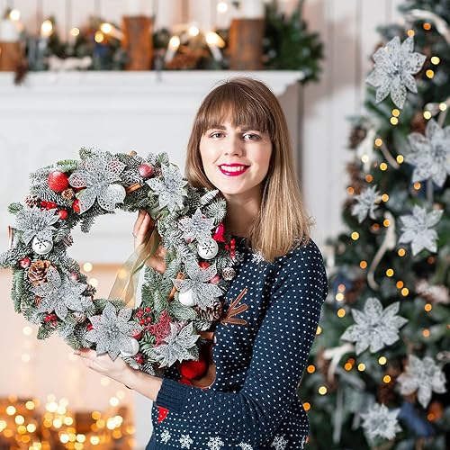 Miniatura 6 de 72 flores de Pascua artificiales de Navidad con purpurina sintética, adornos de árbol de Navidad con clips para boda, fiesta, corona, bricolaje, 3