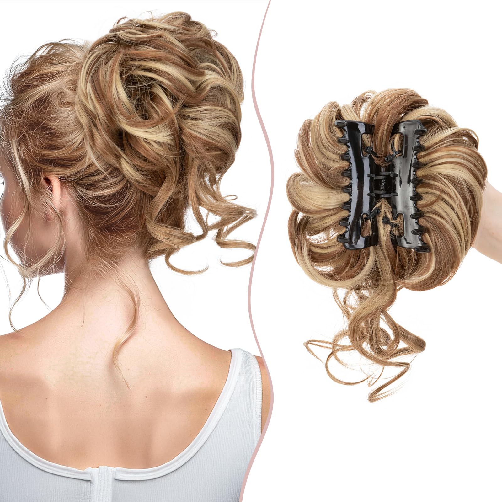 SEGO Tousled Updo Hair Bun Donut Synthetic Thick Hair Chignon 77G Claw Messy Bun Hairpieces Wavy Curly, Light Brown & Ash Blonde
