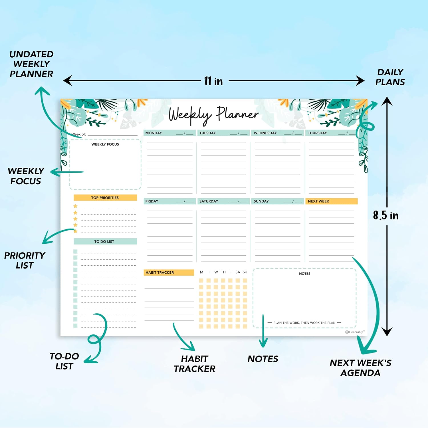 Decorably 52 Sheets Mint Green Undated Weekly Planner Notepad image 3