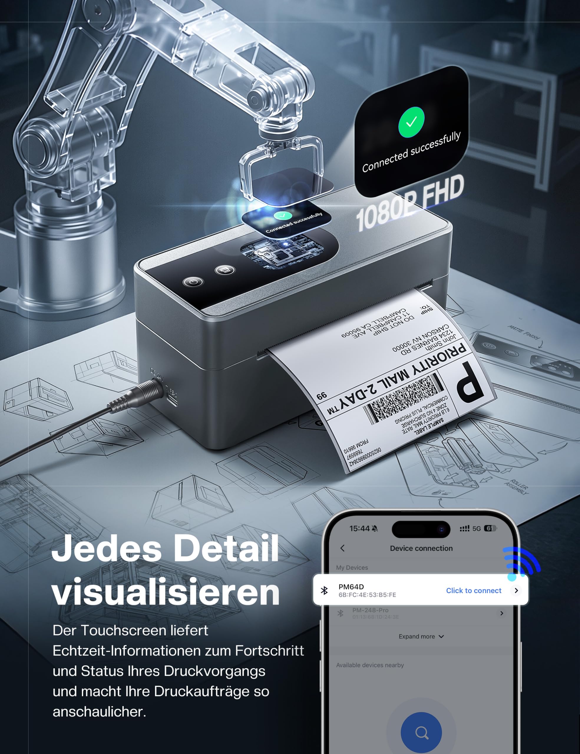 Phomemo Touchscreen Versandetiketten Drucker, PM64D Bluetooth Label Printer | Etikettendrucker DHL, Labeldrucker 4x6, Thermodrucker für Barcode, Kompatibel mit Amazon, Vinted, DHL, DPD, UPS, FedEx, Grau