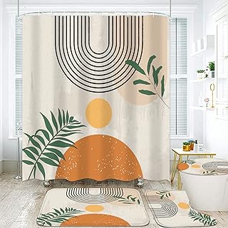 FZDHHY 4PCS Boho Shower Curtain Set Retro Orange Shower Curtain Bathroom Set with Rugs Abstract Shower Curtains for Bathroom with Carpet Bath Mat Toilet Rugs