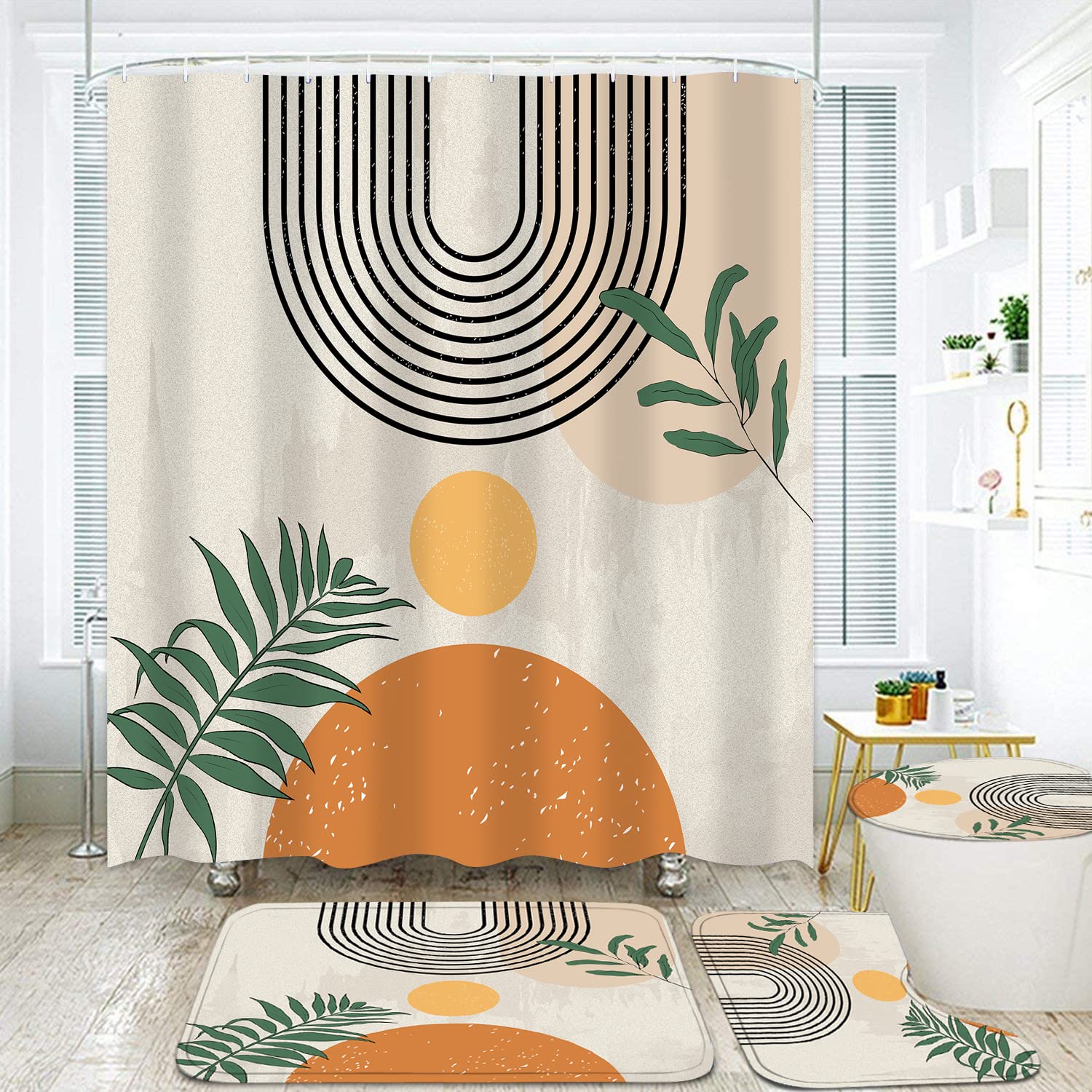 FZDHHY Mid Century Shower Curtain Set Boho Shower Curtain Set with Rugs,Abstract Bathroom Decor Accessories Waterproof Shower Curtain for Bathroom with Mat