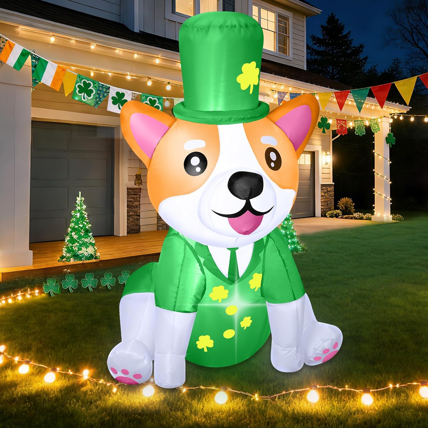 B&D 4FT St Patricks Day Inflatables Corgi Outdoor Decorations, Cute Inflatable Dog Dressed in Green Suit and Top Hat Built-in LED Lights Blow Up Yard Decorations for Holiday Part Indoor Garden Lawn
