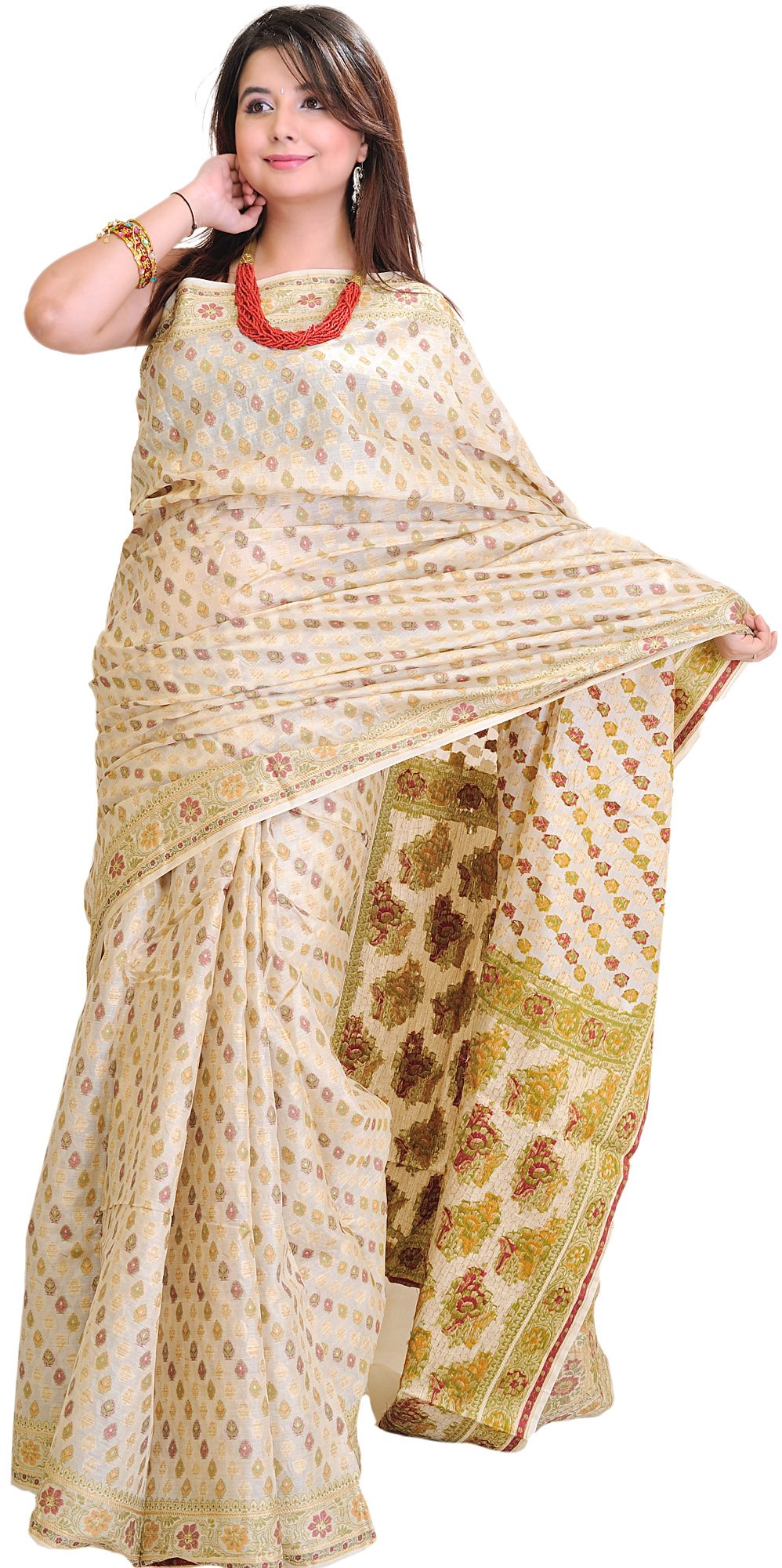 Exotic India Cloud-Cream Sari from Banaras with Woven Bootis All-Ove - Off-White