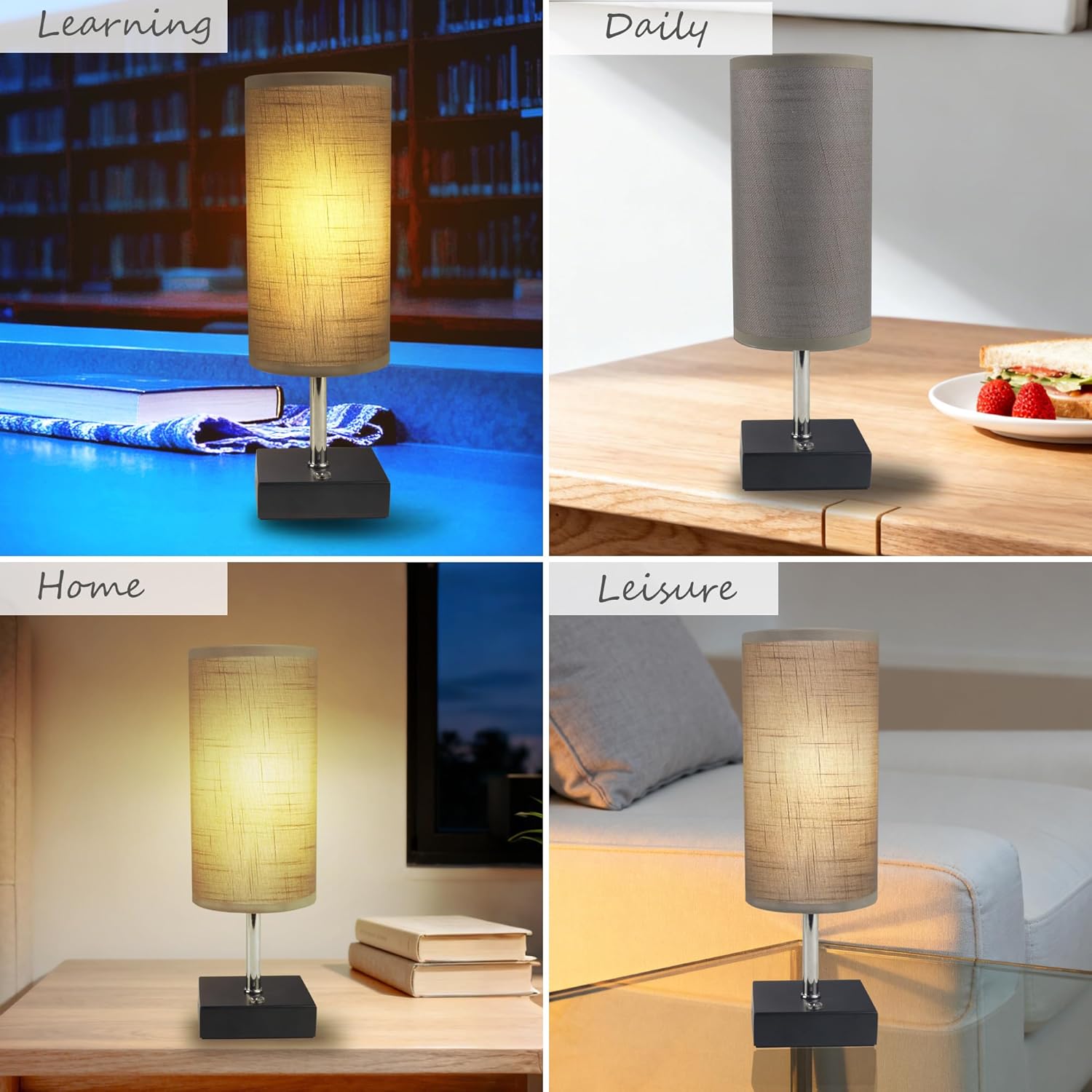 12 Inch Cordless Table Lamp (Gray)-Touch Dimmable, Rechargeable, 8 Inch Fabric Shade, Ideal for Bedroom & Living Room