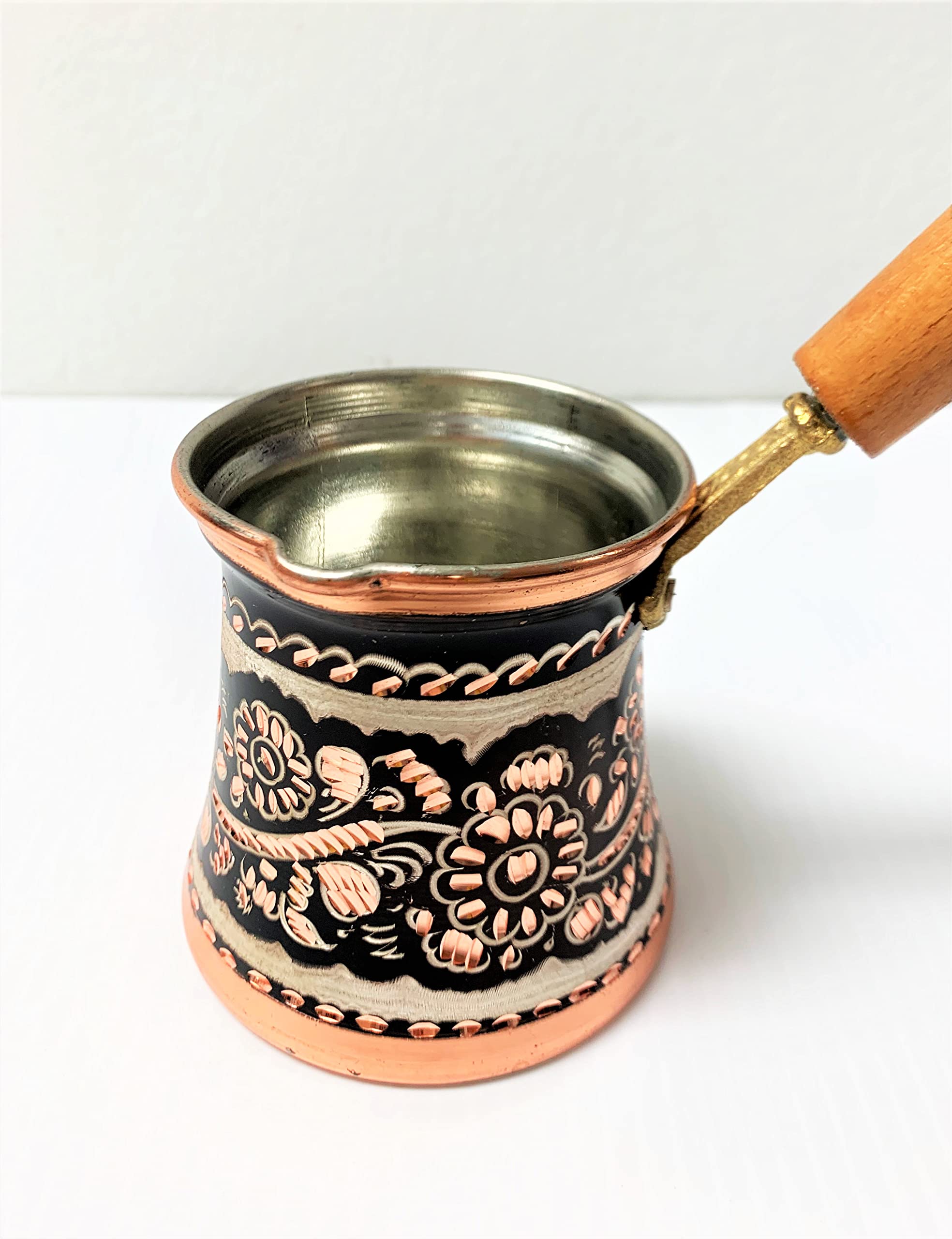9-Oz Handmade Thick 2mm Stamped Hammered Copper Turkish Greek Arabic Armenian Coffee Pot Stove Top Maker Cezve Ibrik Briki with Wooden Handle with Brass for 3 cups Medium – H2.75xD3in