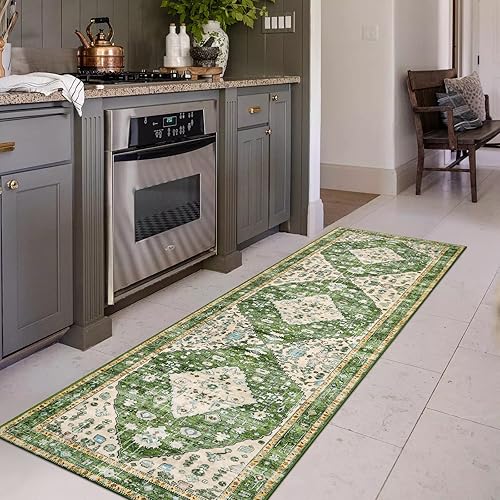 Miniatura 425 de Lahome Tapete tribal bohemio, pequeño, suave, antideslizante, lavable, de pelo corto, para piso en puerta, interior, entrada, baño, silla, Verde