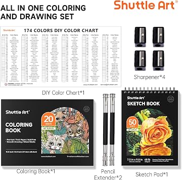 Shuttle Art 174 Colouring Pencils Professional Soft Wax Based Colouring Pencils Set with 1 Colouring Book 1 Sketchbook 1 DIY Painting Sheet 4 Sharpeners and 2 Pen Extenders Colouring Pencils for