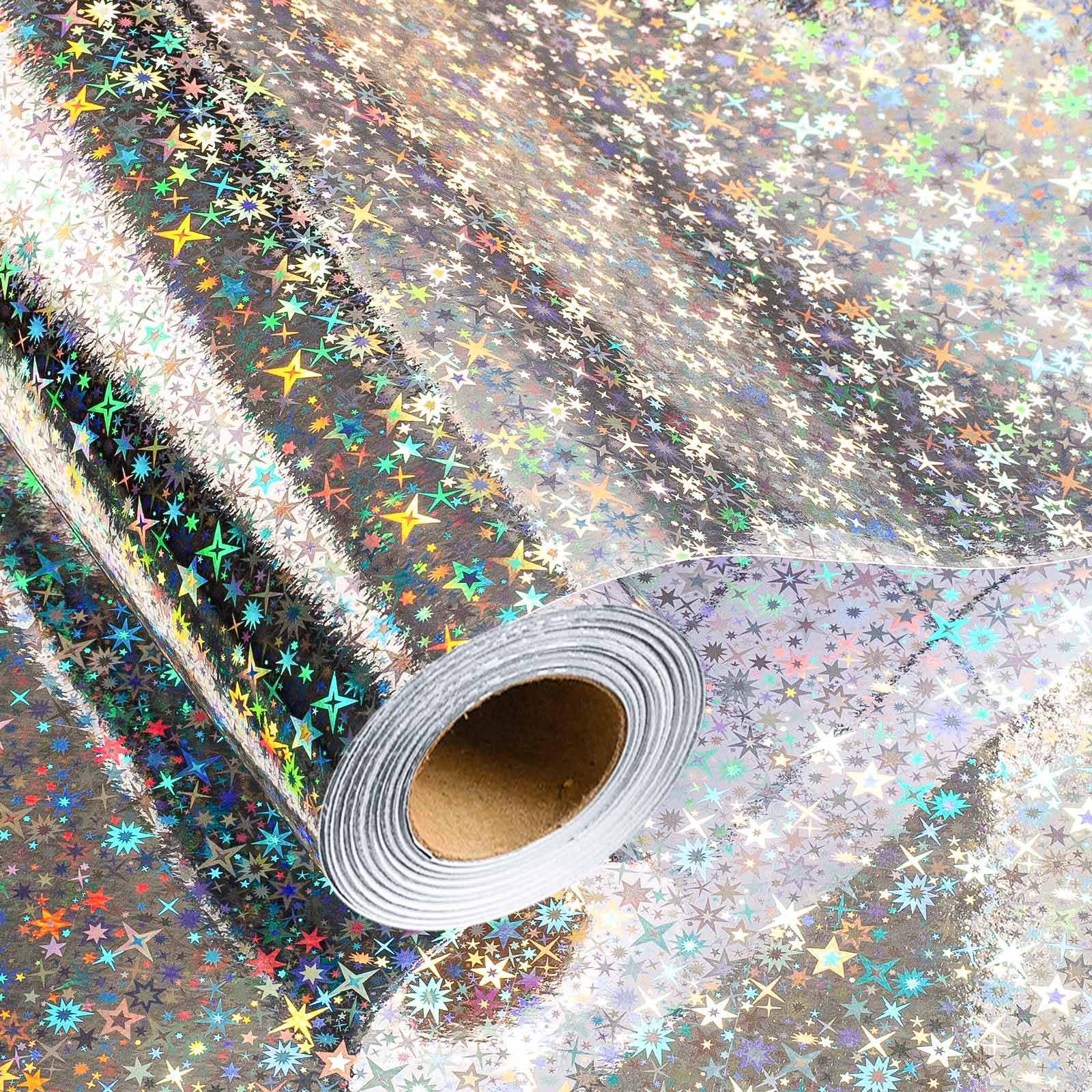Flyhill Sliver Star - Papel de regalo holográfico de 43.2 cm x 10 m (46.8 pies cuadrados) - Navidad, cumpleaños, vacaciones y más