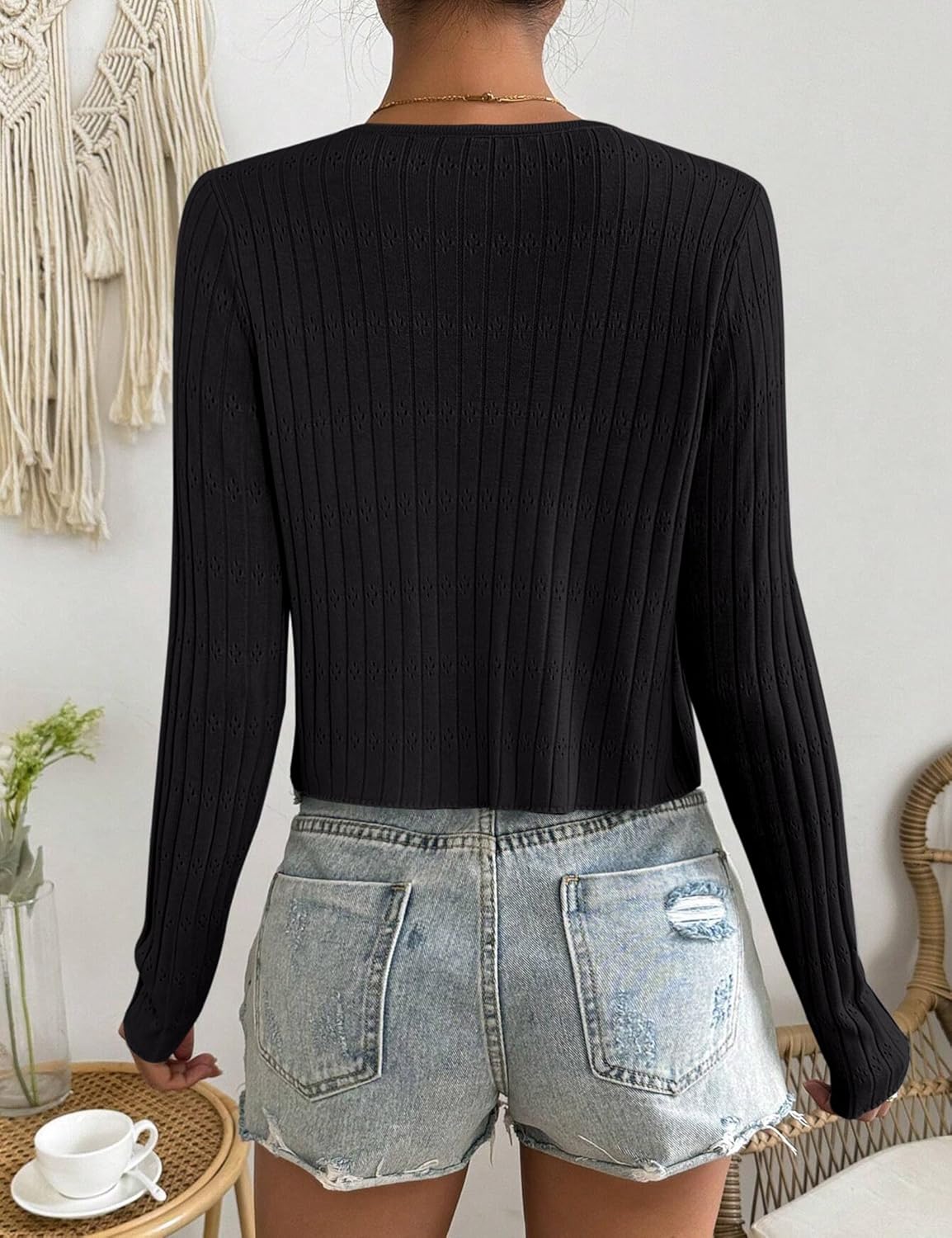 Womens Tie Front Cardigan Long Sleeve Rib Knit Shrug for Dress Sweaters Crop Tops - Image 5