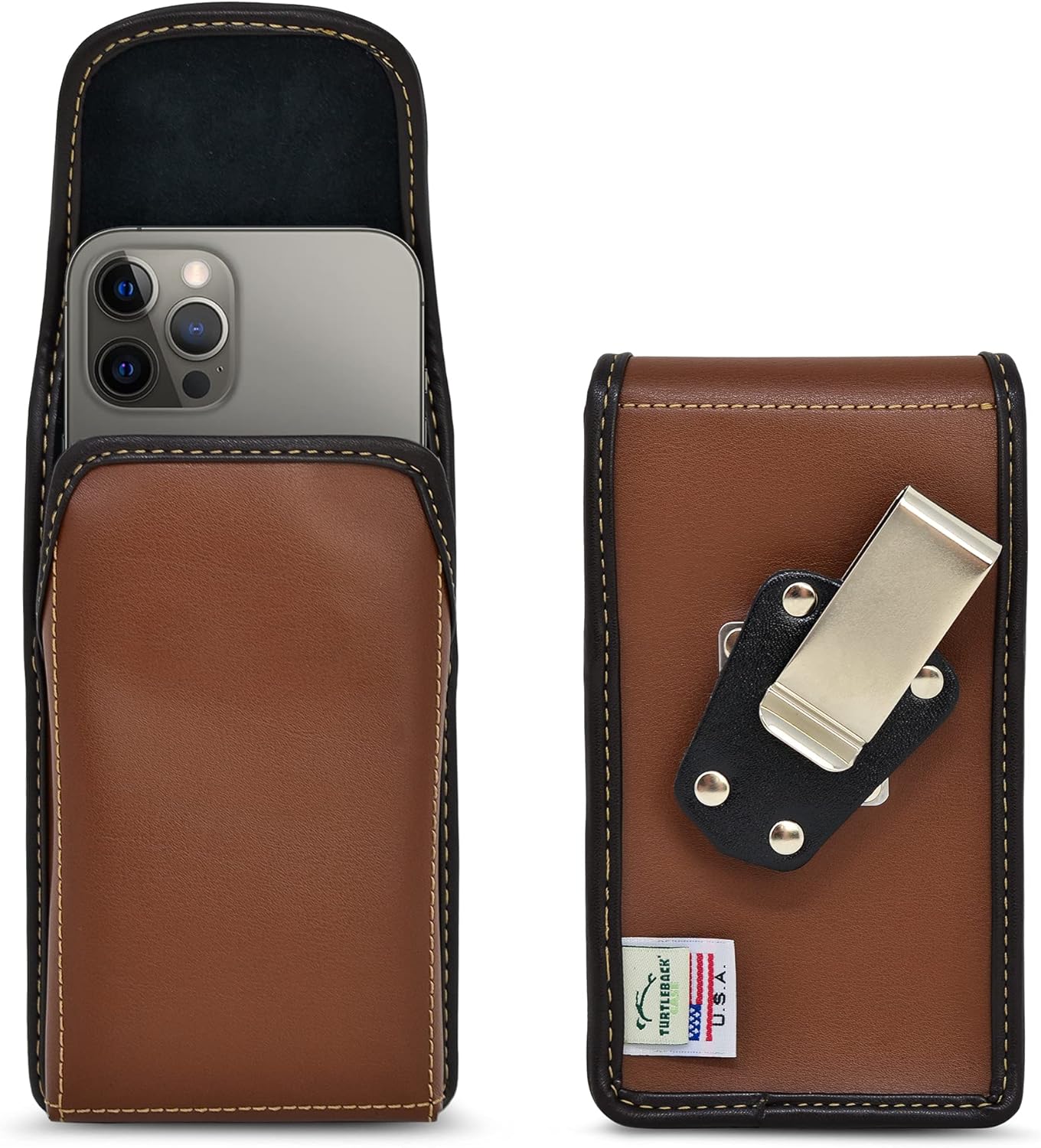 Turtleback Brown Belt Case for iPhone 16 Pro, 16e, 15 Pro, 14 Pro, 13 - Small – Fits Slim Thin Style Cases, Vertical Holster Leather Pouch with Heavy Duty Rotating Belt Clip,