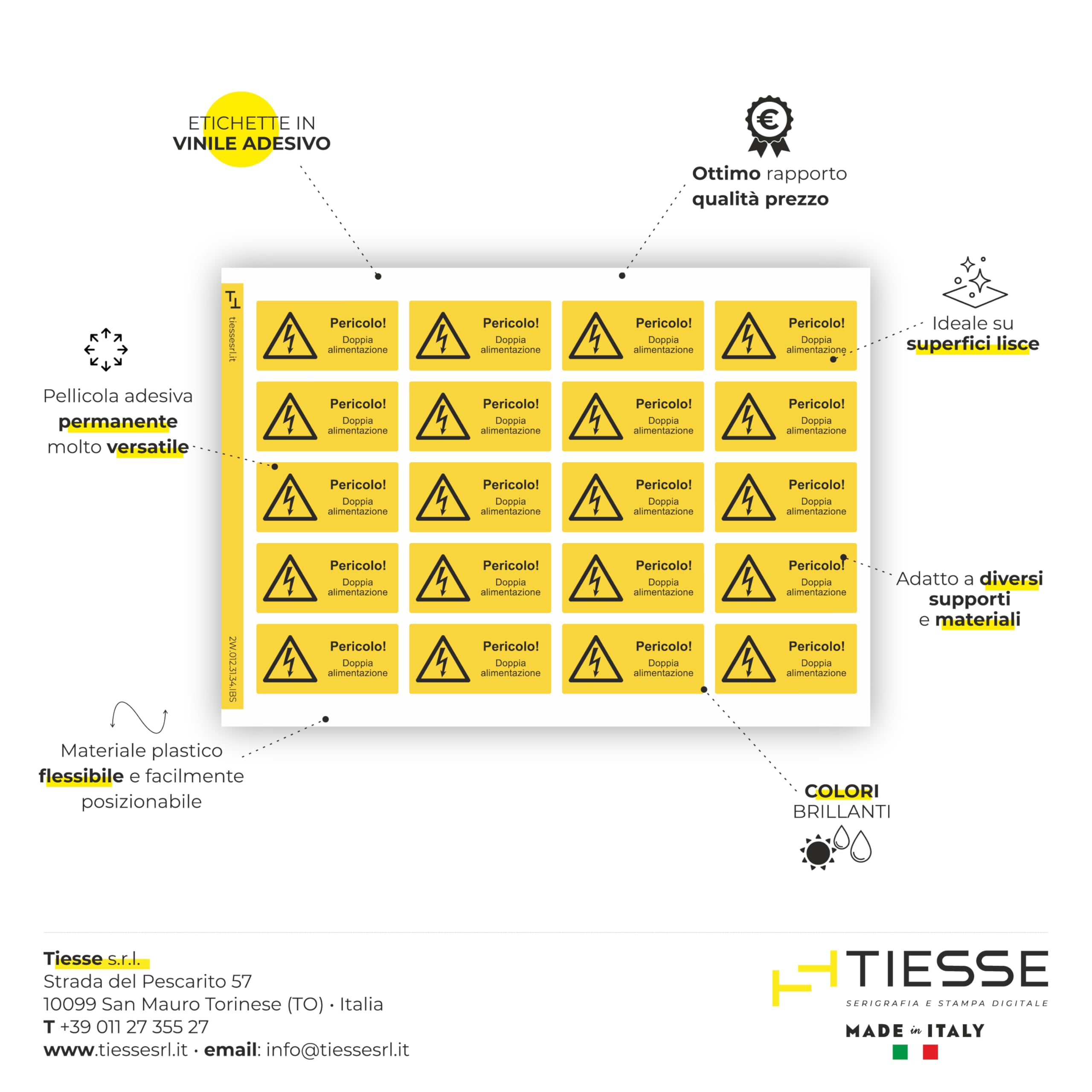 TIESSE - 20 etichette PERICOLO DOPPIA ALIMENTAZIONE - Etichetta Vinile Adesivo - Dimensione: 20 pezzi 32x65 mm su foglio A4 (210x297 mm) - MADE IN ITALY