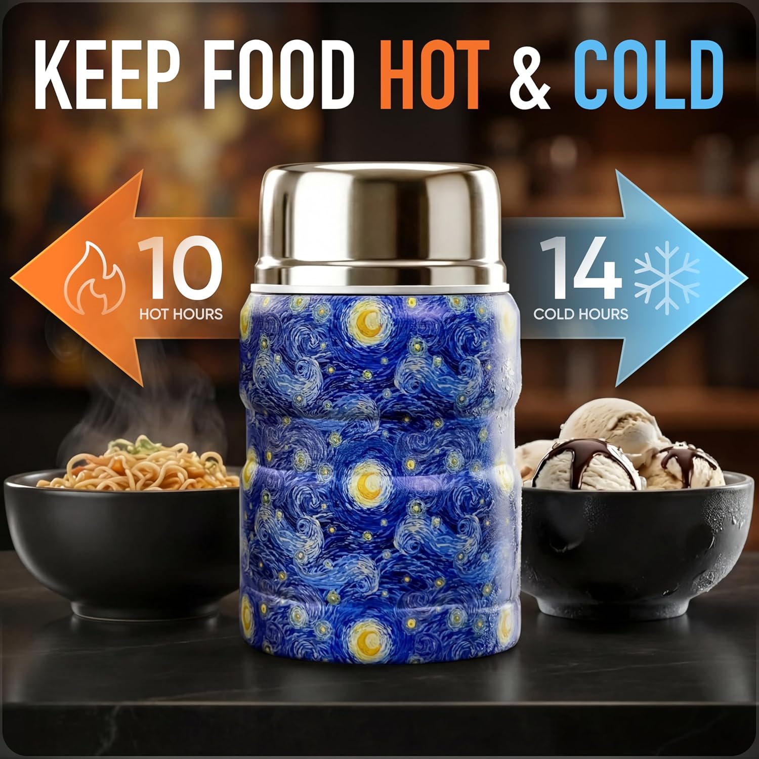 Earth&ME 17 OZ Soup Thermo for Hot & Cold Food for Kids, Vacuum Insulated Steel Lunch Container, Kids Wide Mouth Bento Thermal Food Jar, Warm Food Lunchbox Thermo Bowls with Spoon (Starry Night) - Image 3