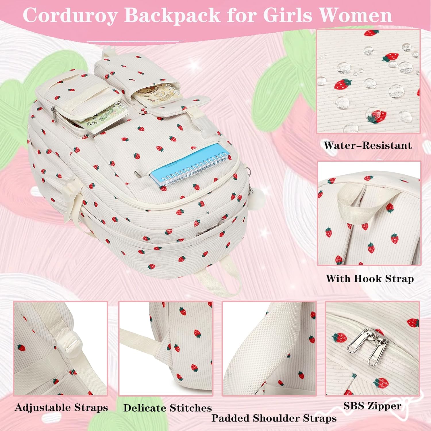 School Backpack for Teens Girls Women Corduroy Strawberries Laptop College Backpacks Work Bag Kids Elementary Middle High School Bag Travel Daypack Campus Bookbag