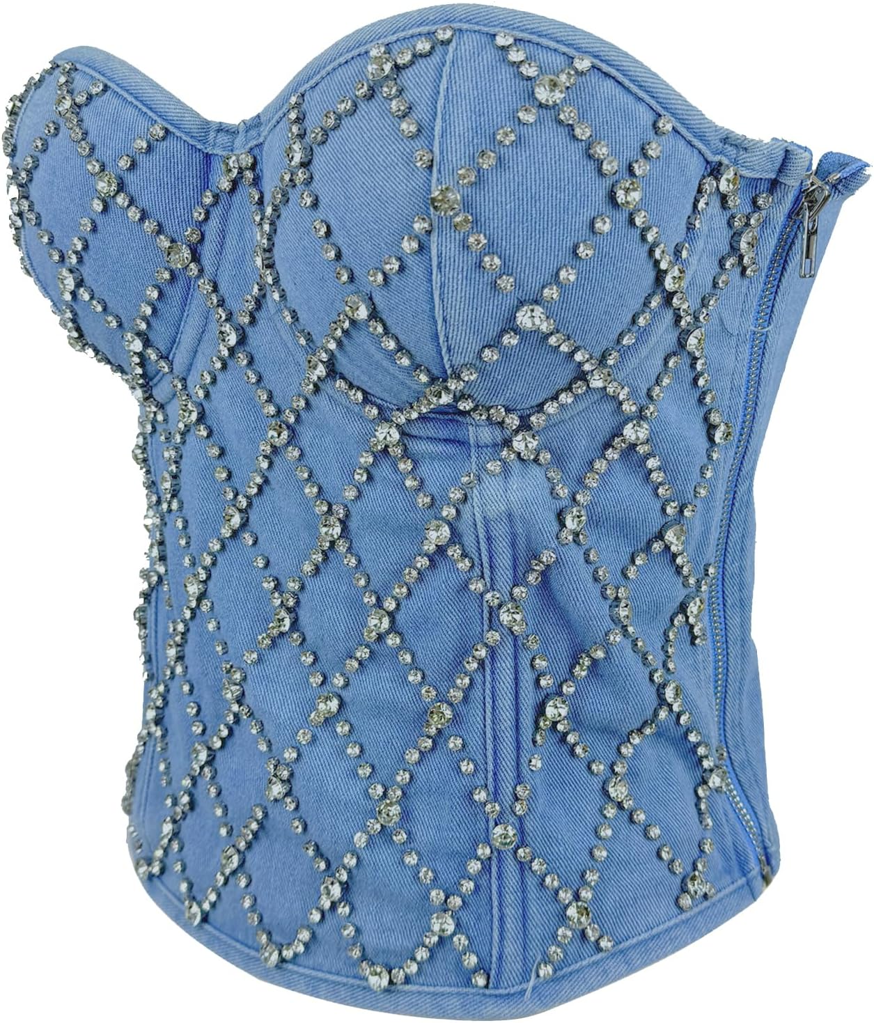 VEENDEO Women's Denim Rhinestone Corset Bustier Top Club Party Jean Side Zipper Bodysuit