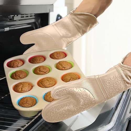 Miniatura 8 de HOMWE - Manopla de horno profesional y extralarga de silicona, guantes de horno con forro acolchado, agarraderas resistentes al calor, guantes