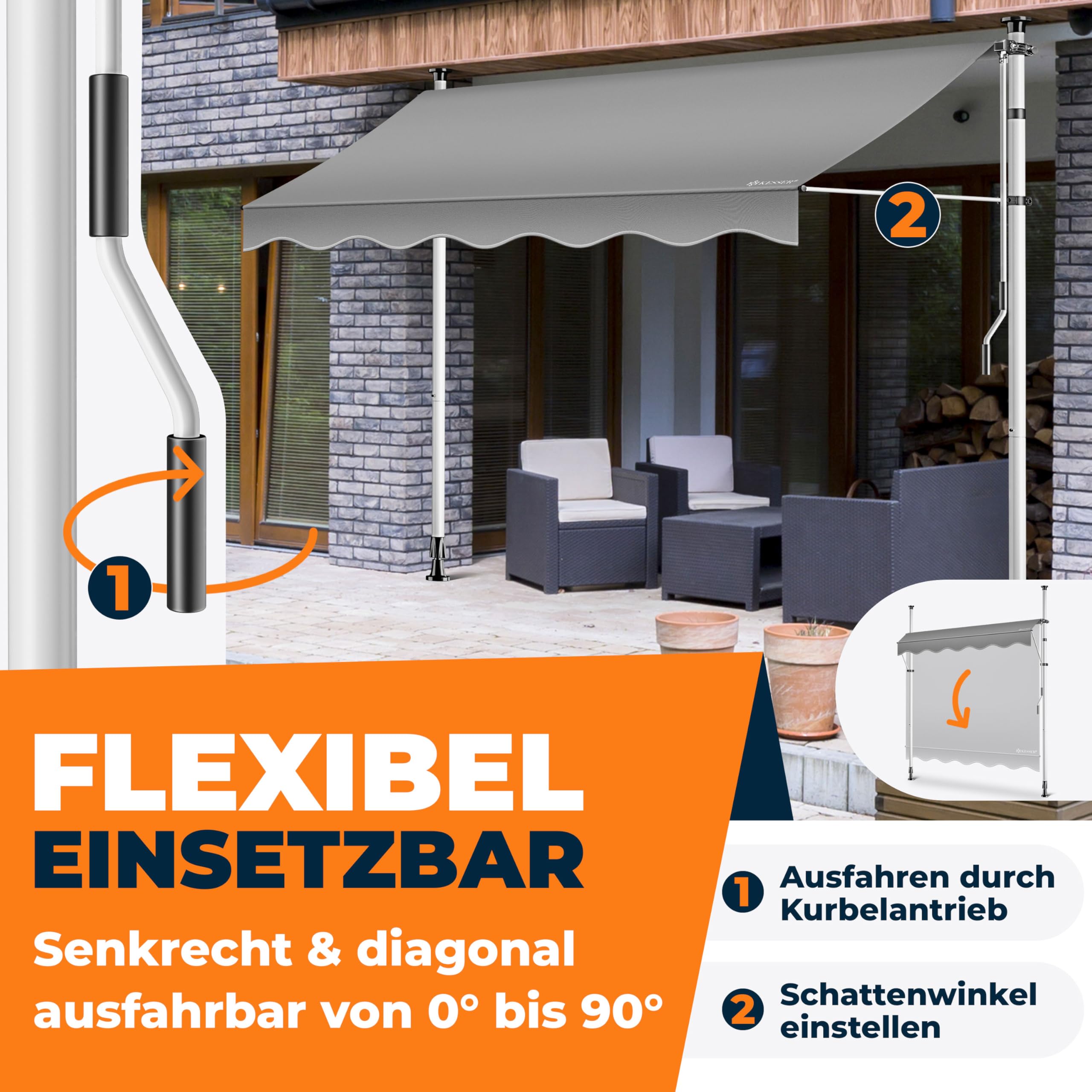 KESSER® Klemmmarkise mit Handkurbel Balkon | Balkonmarkise ohne Bohren | Markise UV-beständig höhenverstellbar & wasserabweisend | Sonnenschutz für Balkon Terrasse & Garten, Terrassenüberdachung 200cm