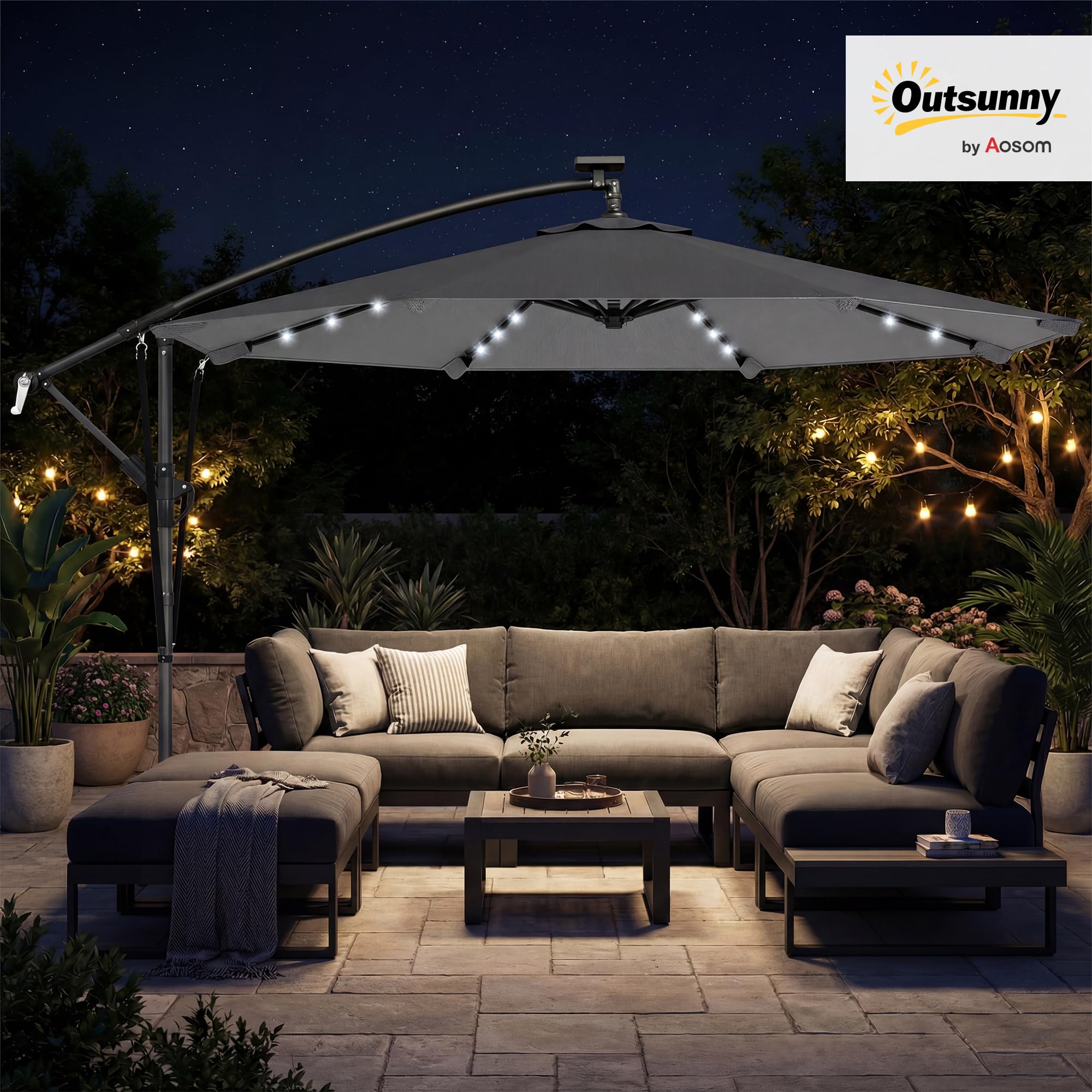 Outsunny Parasol Excéntrico con Luces LED Solares, Ø330 cm, Sombrilla de Jardín con Base Cruzada, Manivela, Funda Protectora y Cuerda de Viento, Anti-UV 50+, para Terraza, Patio - 2