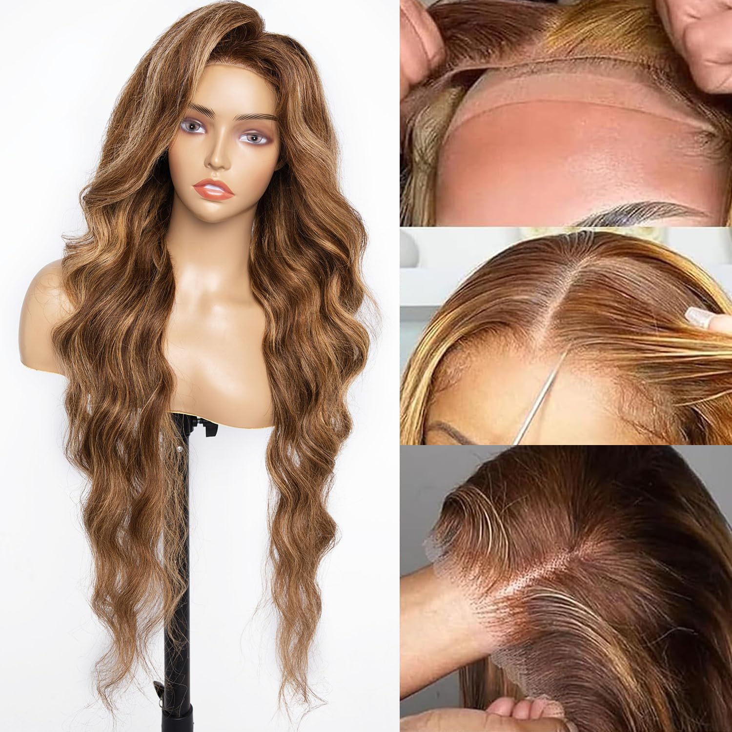 #4/27 Ombre Highlight Lace Front Wigs Human Hair Pre Cut 5X5 Glueless Honey Blonde Body Wave Wigs for Women Pre Plucked with Baby Hair Lace Closure wig 200% Density （34inch）