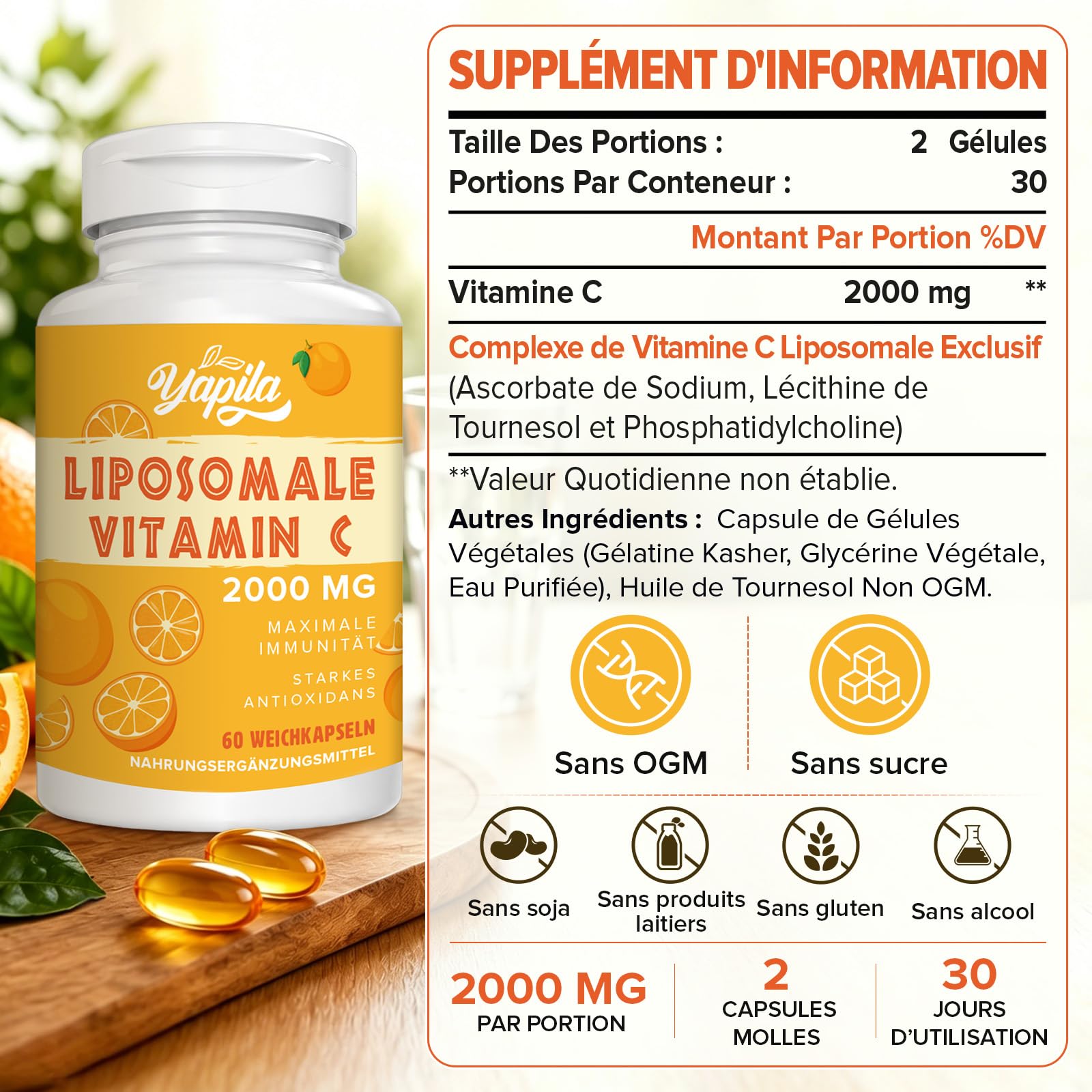 Vitamine C Liposomale 2000 Mg Gélules(2 Paquets) | Absorption Maximale, Dosage élevé en Vitamine C, Acide Ascorbique, Complément Antioxydant, Sans Soja, Non-GMO