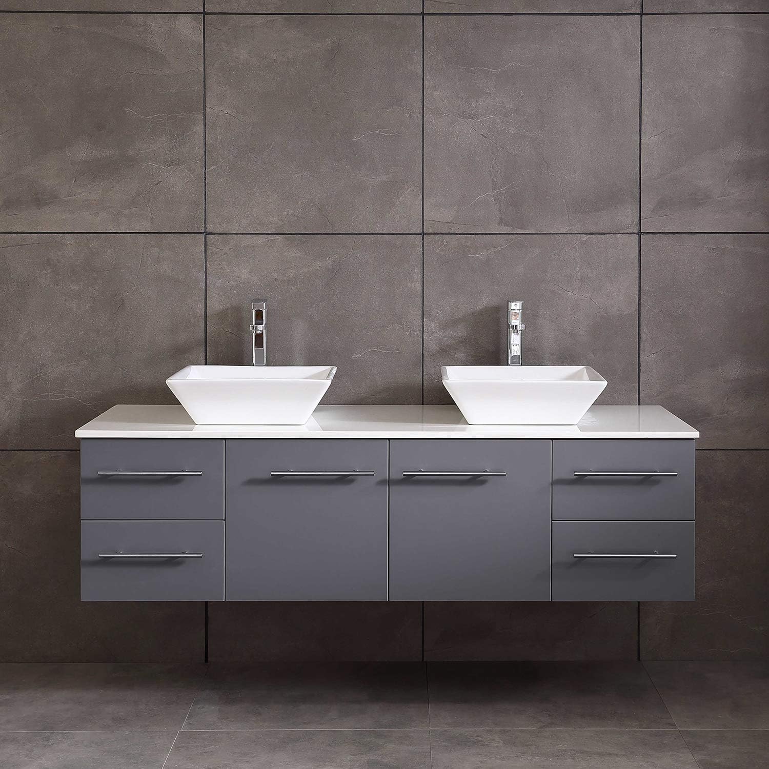 Eviva EVVN147-60GR Totti Wave 60 inch Gray Modern Double Bathroom Vanity with White Glassos Countertop & Porcelain Vessel Sinks, Grey