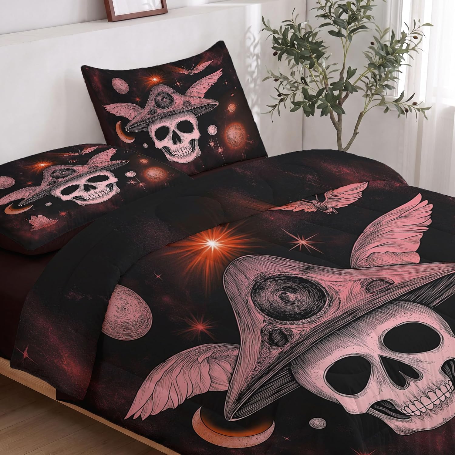Mysterious Gothic Quilt Set Queen 3 Pieces, Black and Pink Quilts Bedding Set Mushroom Skull Bedspread Bed Cover Lightweight Spring Summer Beds Coverlet for All Season - 90"X90"
