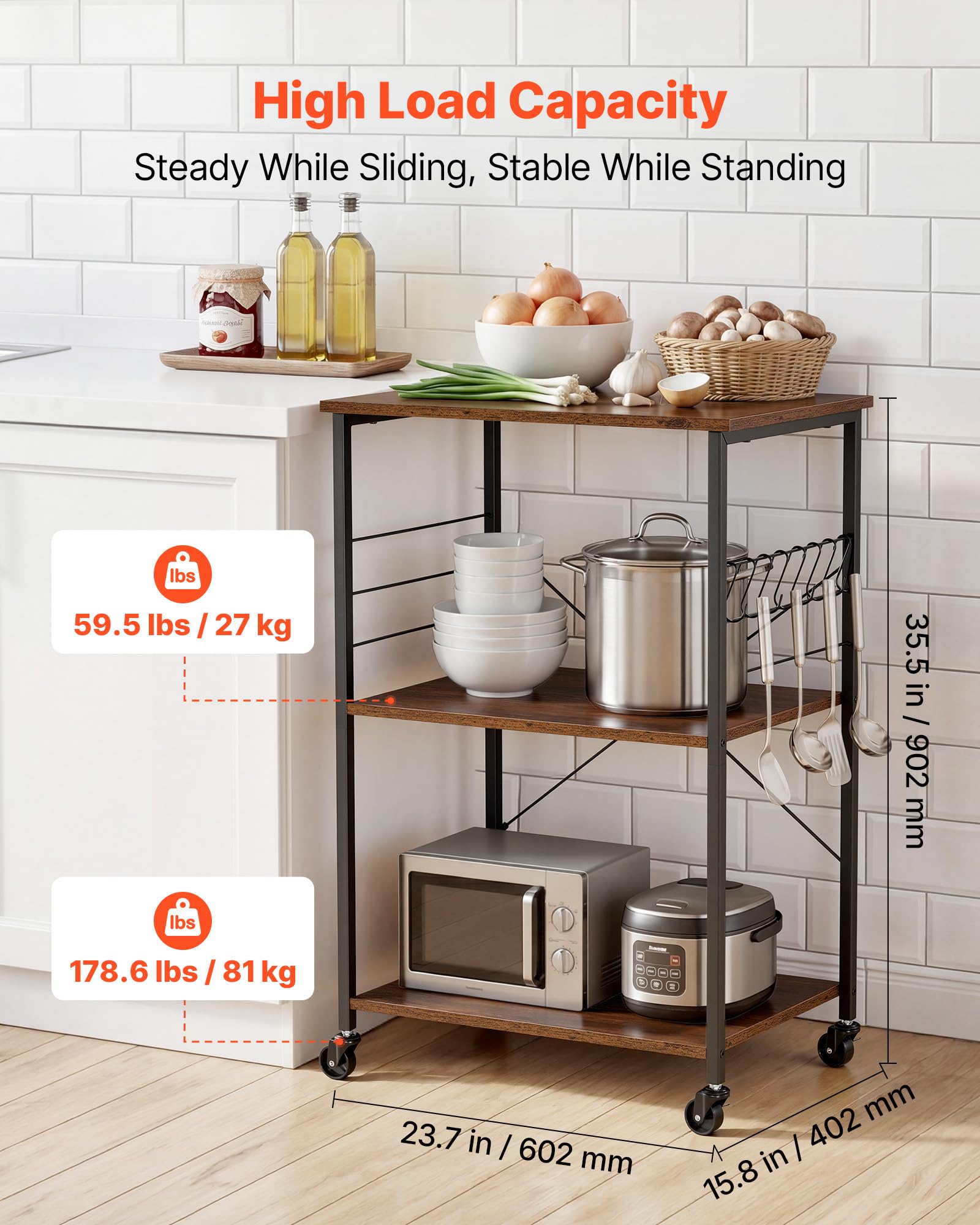 VEVOR Carrello da Cucina 3 Ripiani, Carrello di Servizio da Cucina Portaoggetti Carico da 55 kg con Ruote 8 Ganci Ripiani in Metallo, 602 x 402 x 902 mm, Portaspezie Microonde Utensili Portaoggetti