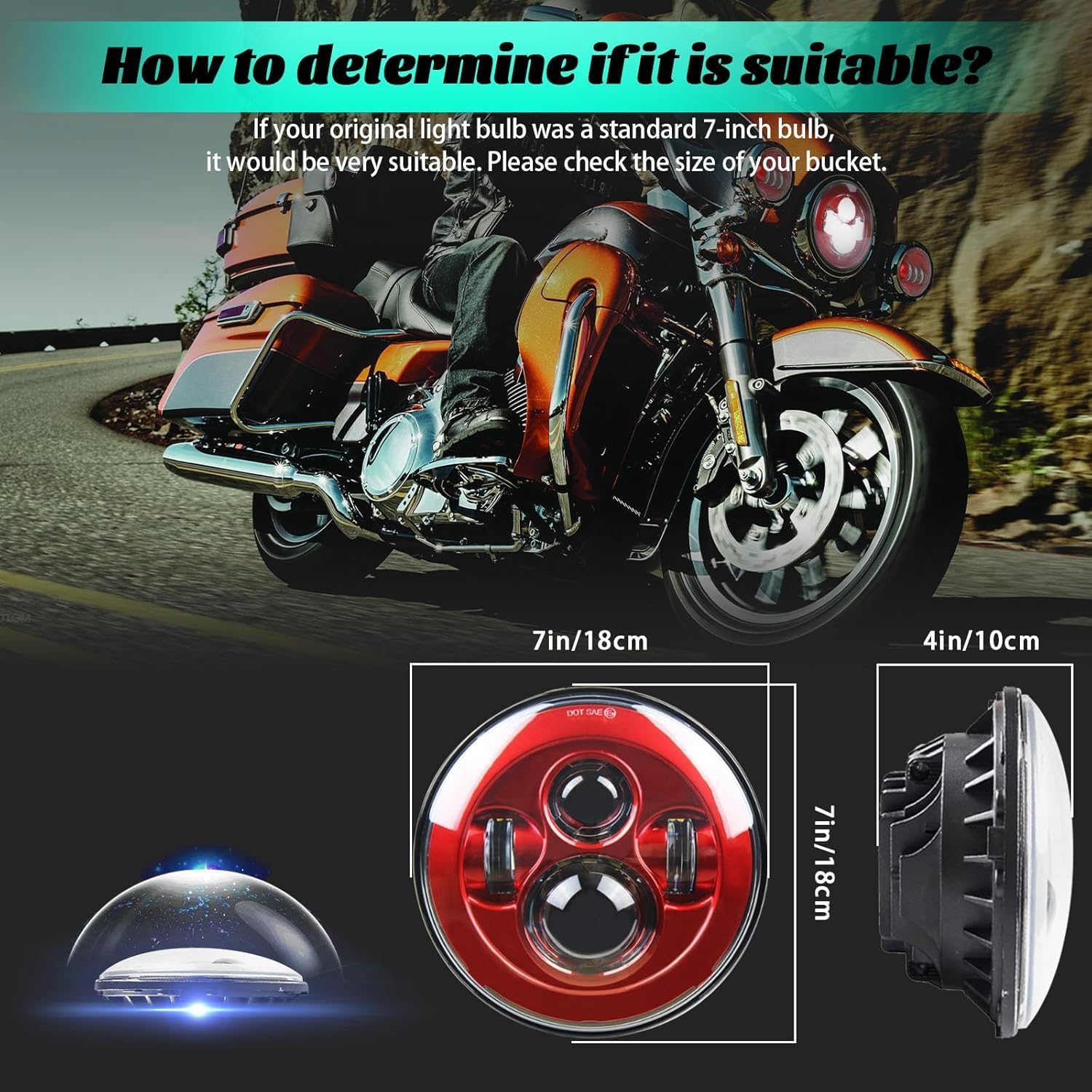 SKTYANTS 7 Inch Motorcycle Headlight LED Red Headlight Motorcycle Projector Compatible with Tourng Street Electra Glide Road king Classic