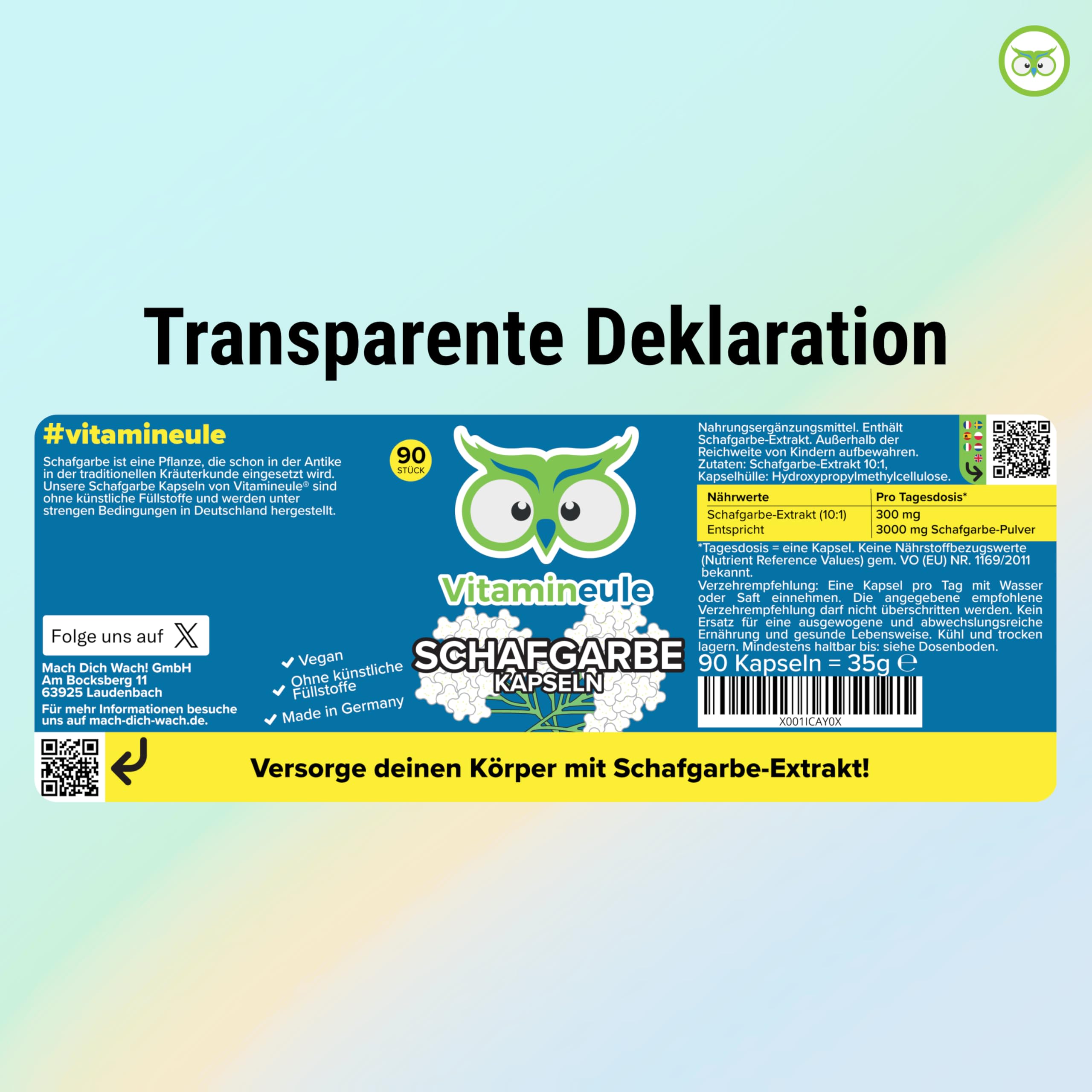 Schafgarbe Kapseln - hochdosiert 3000 mg (300 mg 10:1 Extrakt) - vegan & bioaktiv - Produktion in Deutschland - laborgeprüft & ohne Zusatzstoffe - Achillea millefolium - Vitamineule®