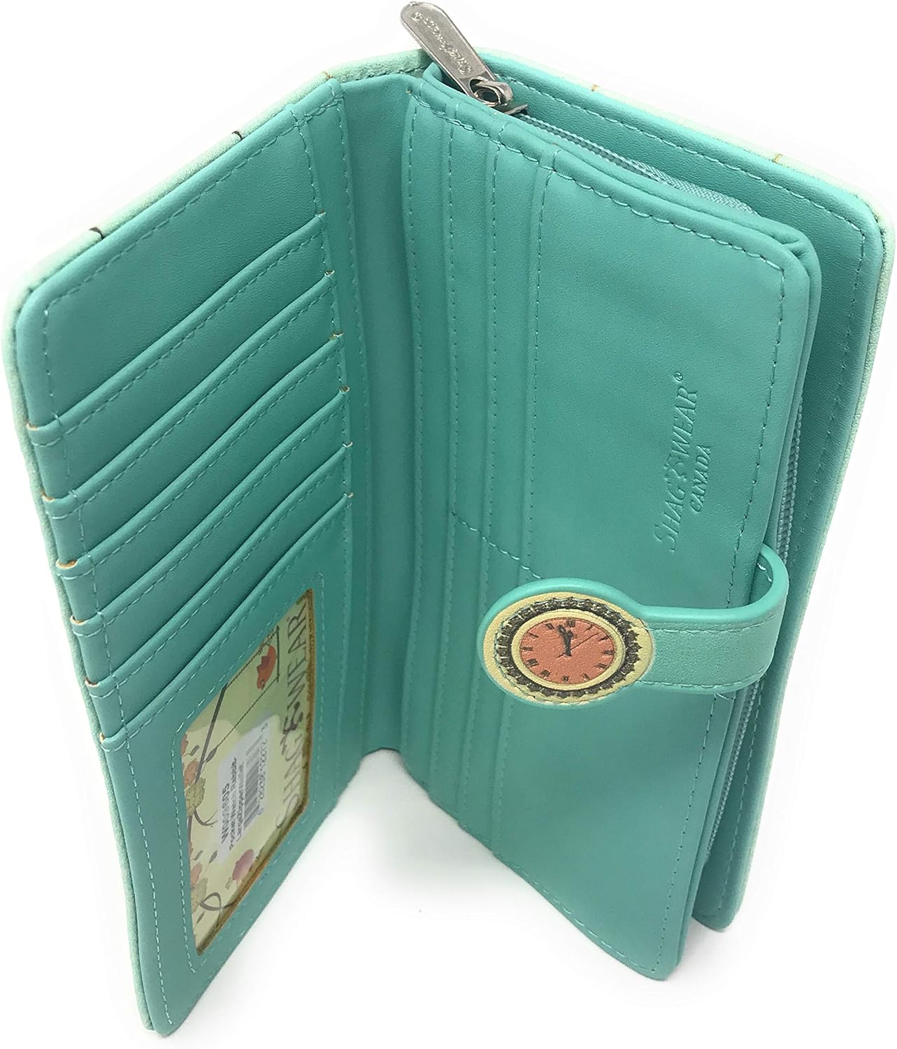Shag Wear Pocket Watch and Rabbit Large Women’s Wallet, Vegan Faux Leather Bifold with Card Slots, Bill Compartments and Secure Snap Closure in Mint Green 7" - Image 6