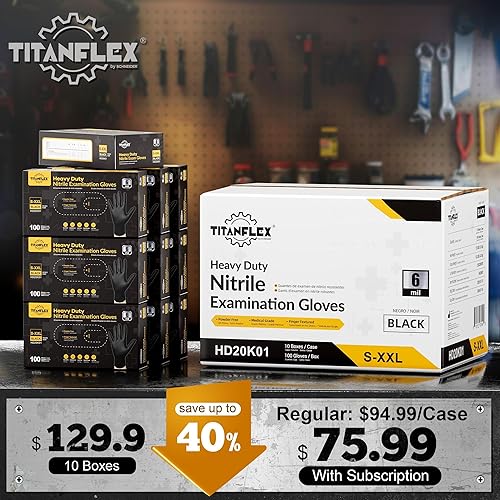 Miniatura 2 de TitanFlex Guantes desechables de nitrilo para examen, 6 mil, negros, guantes desechables resistentes, guantes de cocina, sin látex, sin polvo