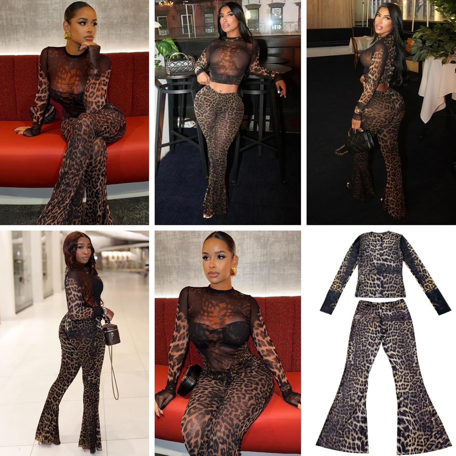 Women's Sexy See Through Leopard Print 2 Piece Set Mesh Sheer Long Sleeve Crop Top High Waist Flare Pants Outfits - Image 5