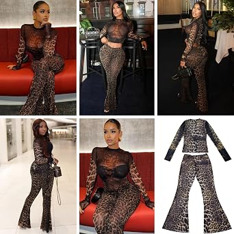 Women's Sexy See Through Leopard Print 2 Piece Set Mesh Sheer Long Sleeve Crop Top High Waist Flare Pants Outfits