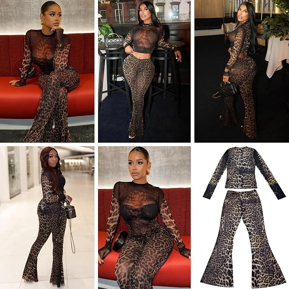 Women's Sexy See Through Leopard Print 2 Piece Set Mesh Sheer Long Sleeve Crop Top High Waist Flare Pants Outfits
