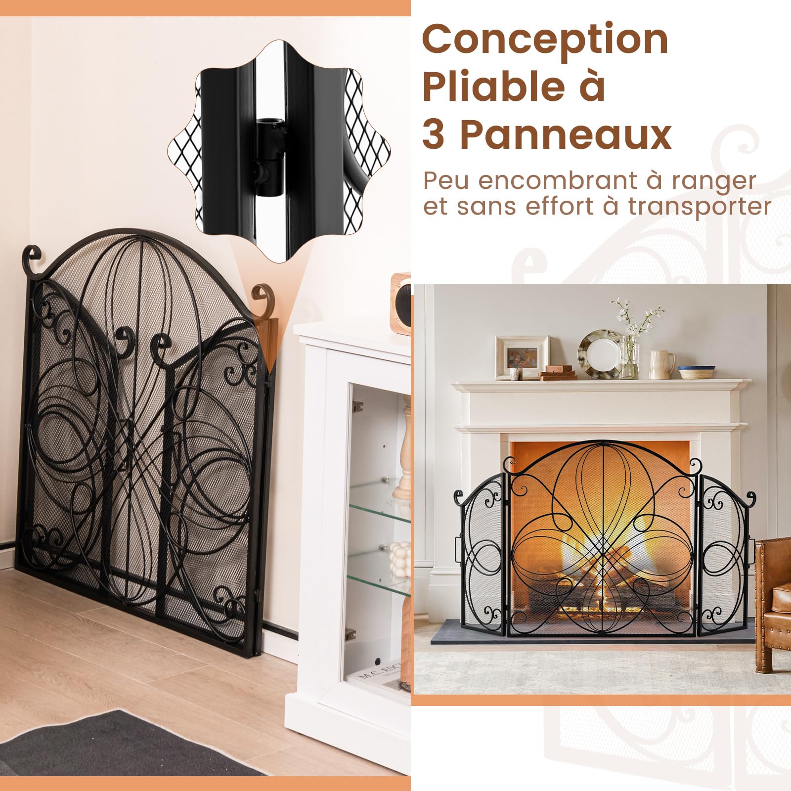 COSTWAY Pare Feu Cheminée Pliable 3 Panneaux, Écran de Cheminée en Fer Forgé, 151 x 83 cm, Pare-étincelles en Maille Design Fleur, Aucun assemblage, Grille de Protection pour Poêle
