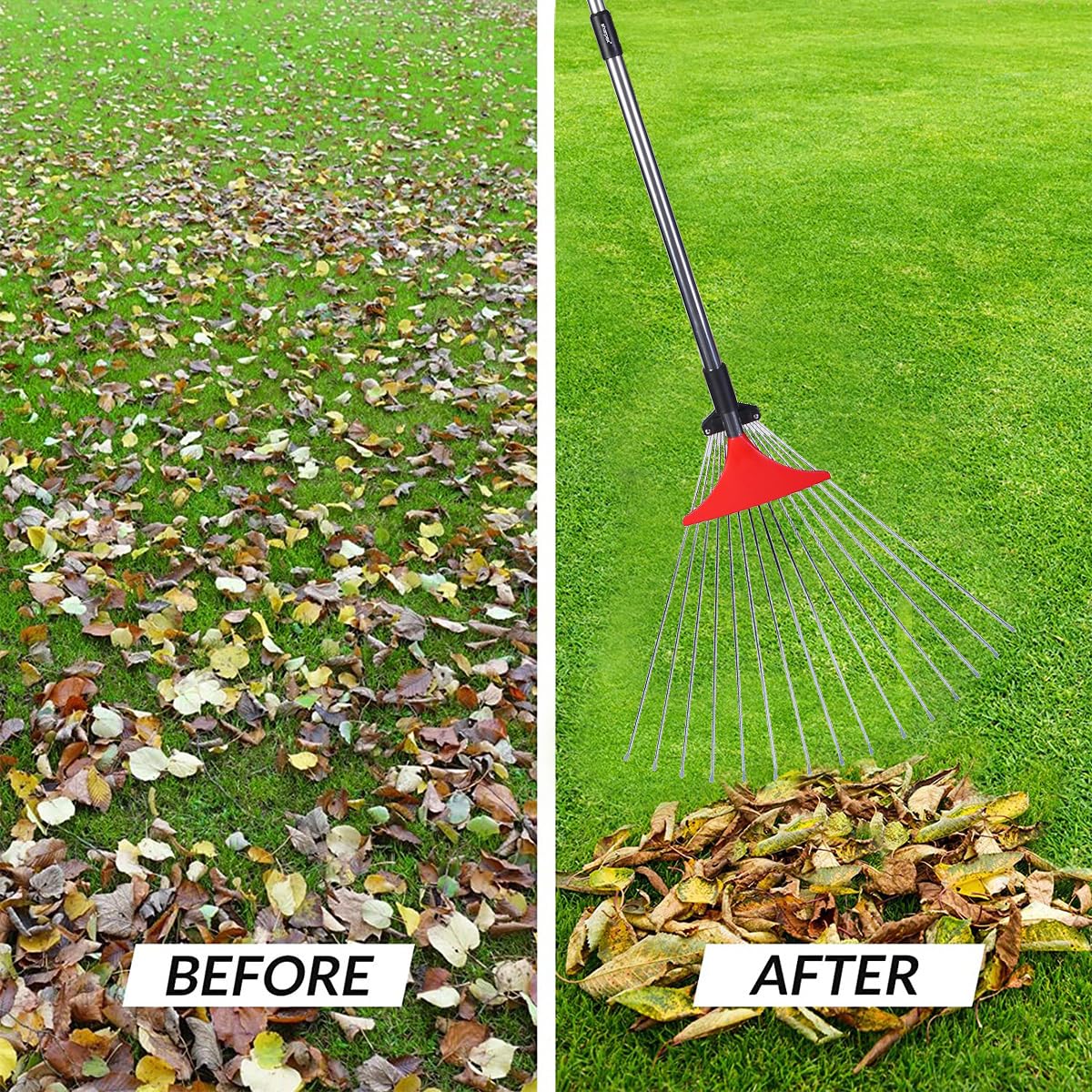 Sharpex Telescopic Metal Leaf Rake, 31 to 64 Inch Adjustable Expandable Pole for Lawn and Yard Cleanup, Heavy Duty Tool for Leaves, Grass Debris and Roof Cleaning, Long Reach Outdoor Sweeping Broom 3