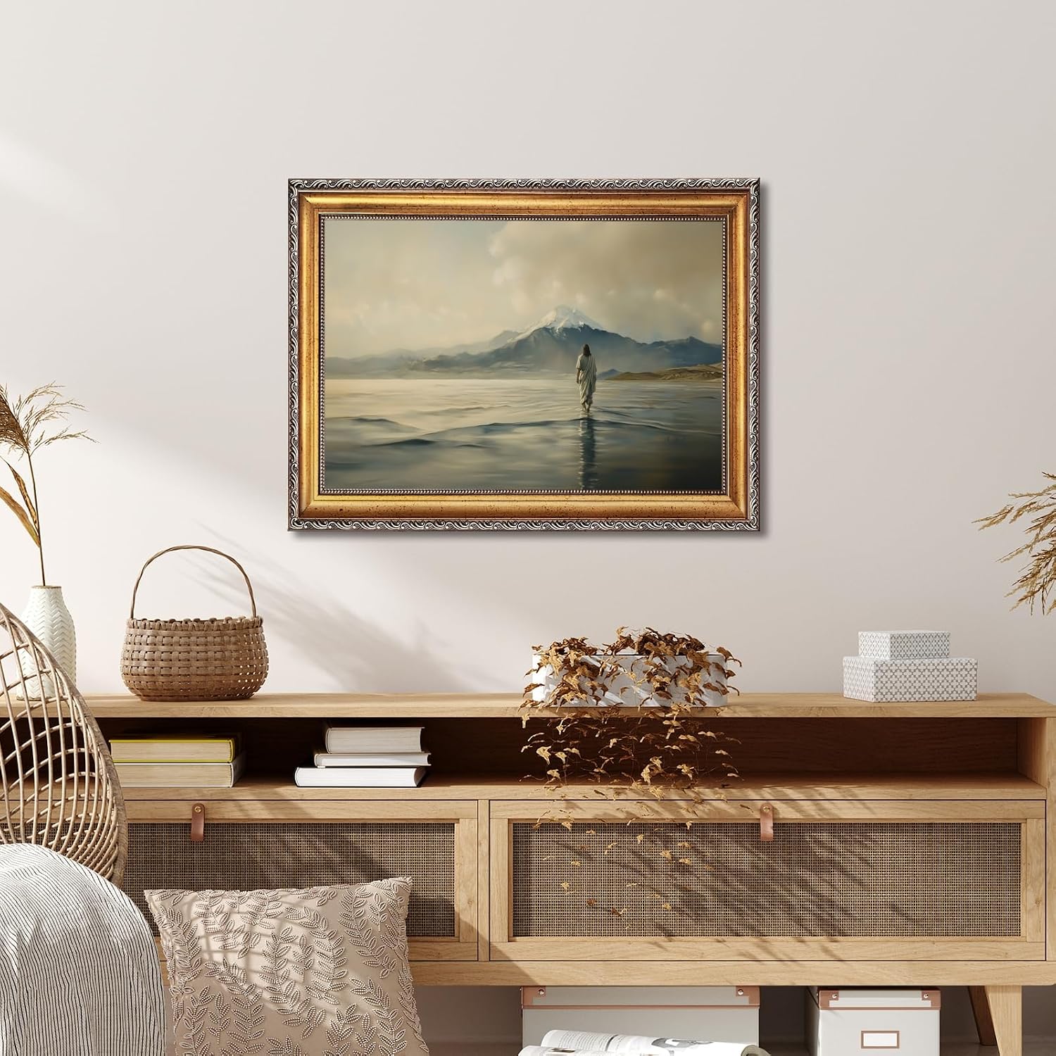 Large Framed Jesus Walking on Water Canvas Wall Art Vintage Inspirational Bible Miracle Oil Painting Poster Modern Faith-Based Spiritual Farmhouse Decor for Christians Prayer Room 24x36inch