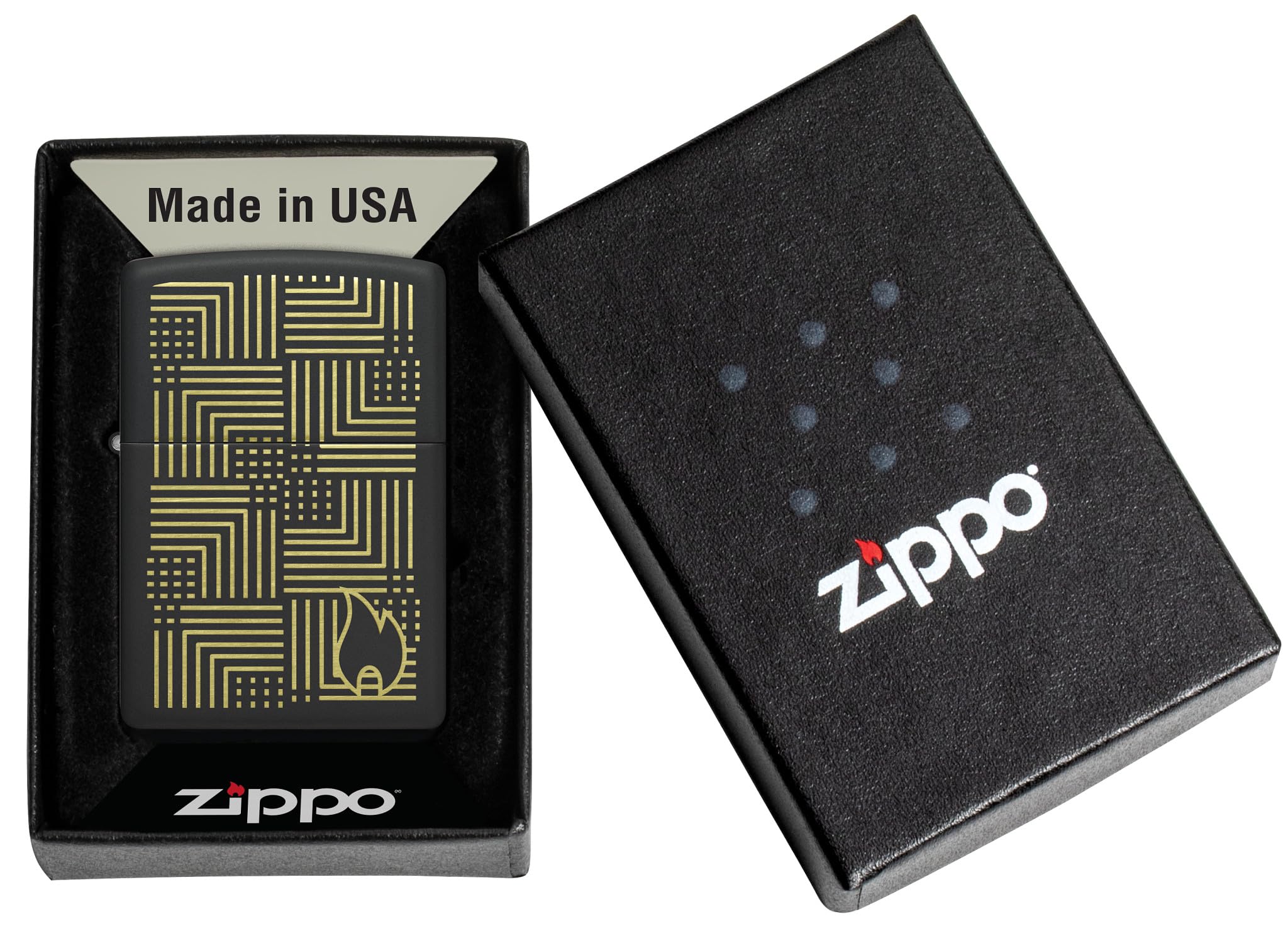Zippo Zapalniczka Sztormowa, Fantazyjne Geometryczne Wzornictwo, Czarna Matowa, Grawer Laserowy, do Napełniania, Wielokrotnego Użytku, Odporna na Wiatr, Pudełko Prezentowe, Wyprodukowana w USA